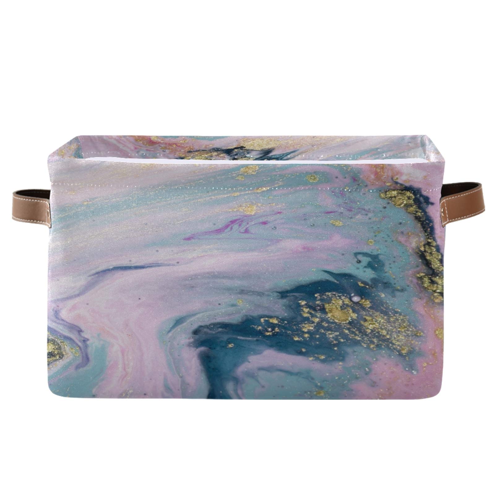 MNSRUU Collapsible Storage Basket - 2 Pack Waterproof PU Handles Organizer, Oriental Art Marbling Design for Nursery, Laundry, Bathroom & Home Decor | Space-Saving Foldable Storage Solution for Bedroom, Closet & Office Organization