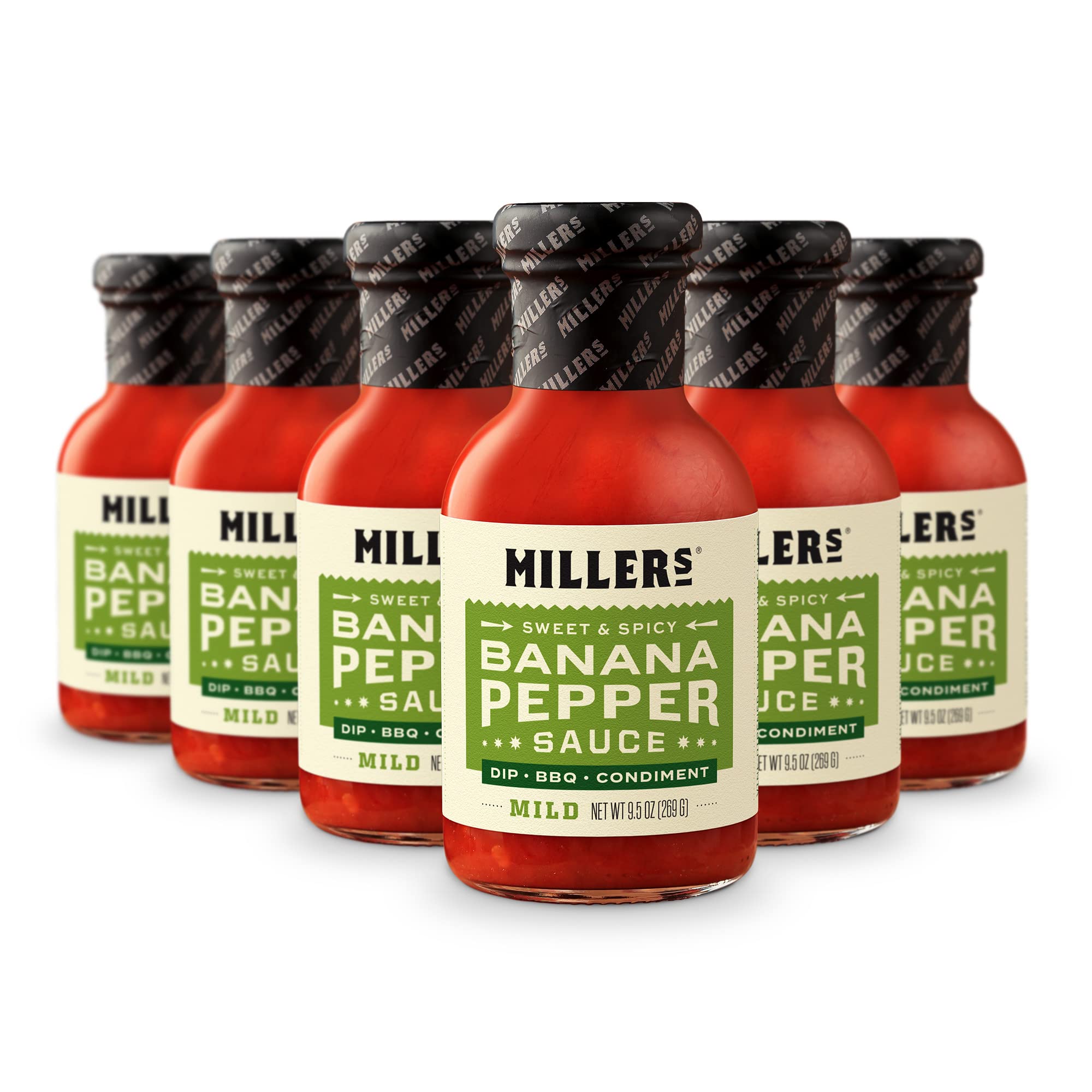 Miller's Banana Pepper Sauce - Mild & Sweet Spicy Red Banana Pepper Hot Sauce | Non-GMO Verified | 9.5oz (6-Pack) | Perfect for Chicken Wings, Burgers, Sandwiches, Pizza & Salads