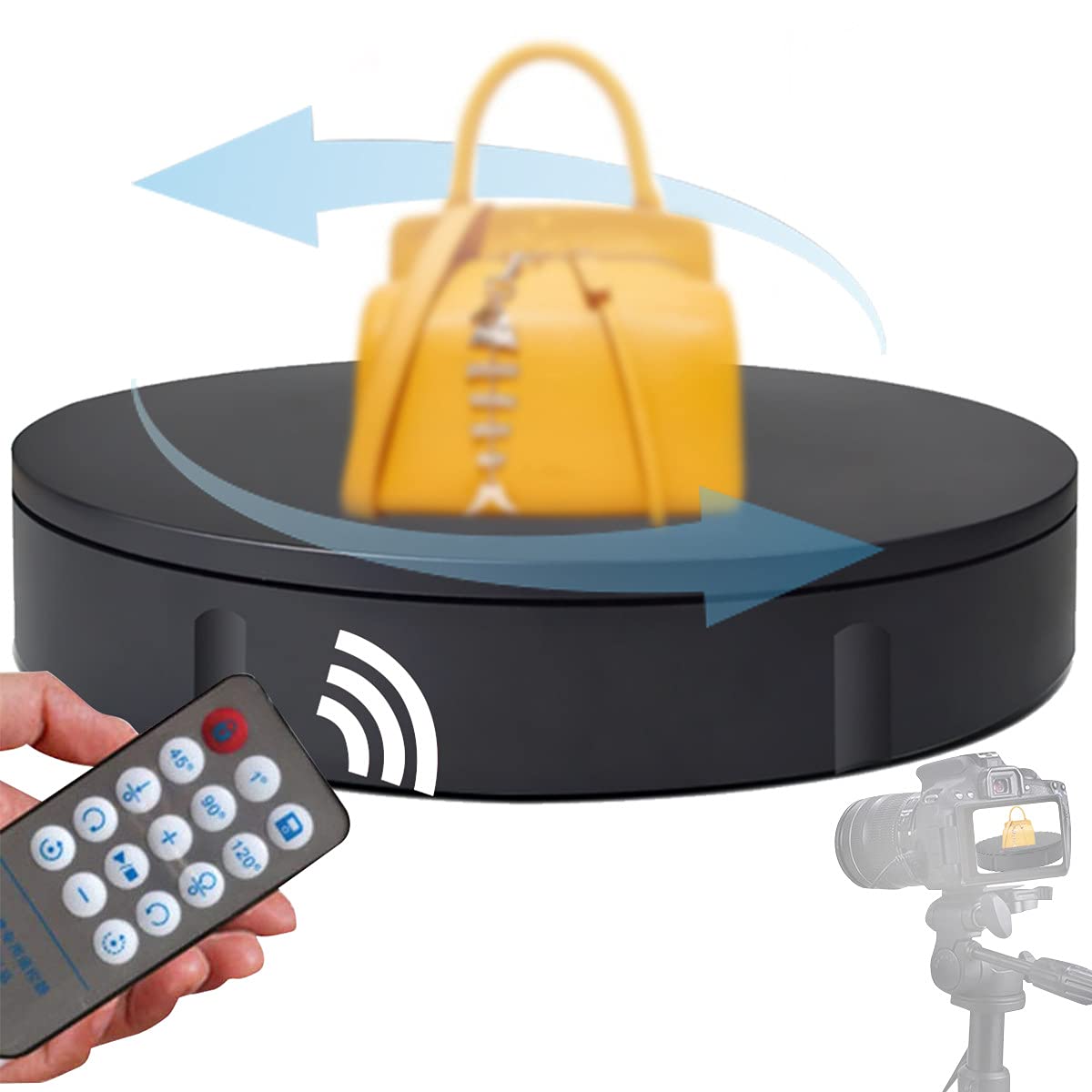 Electric Turntable Motorized Rotating Display Stand - 360° Automatic Revolving Platform for Product Photography & Showcase with Remote Control, 220Lb Capacity (Black/White) - Perfect for Ecommerce, Jewelry Display, Cake Decorating & Home Decor Showcase