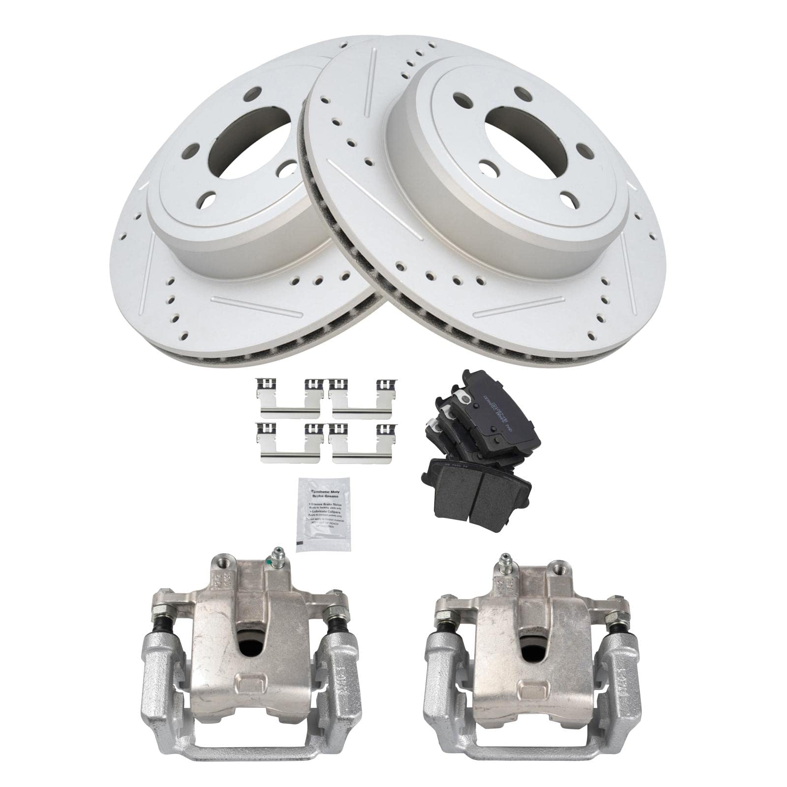 TRQ Rear Brake Calipers with Ceramic Pads & Drilled Rotors - Compatible with Dodge Challenger & Charger - High Performance Braking for Street Racing & Daily Driving