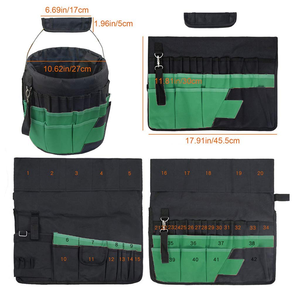 5-Gallon Bucket Tool Organizer - 42-Pocket Garden Storage Bag with Handle for Gardening Tools (Black, 17.9x11.8in) - Perfect for Outdoor & Workshop Organization
