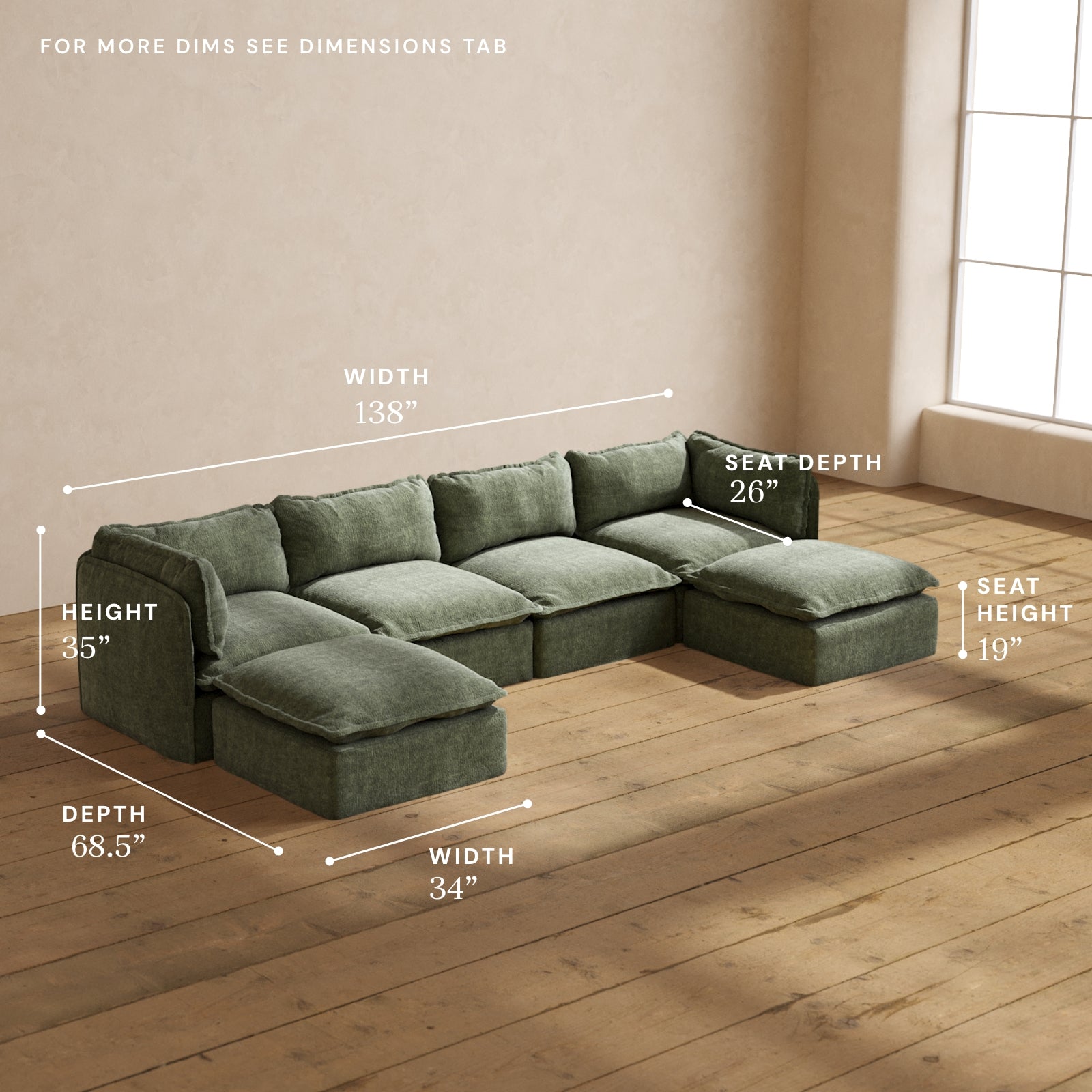 Modular Performance 4-Seater U-Shaped Sectional Sofa in Willow Fabric | Relaxed Blend Design for Living Room, Family Room & Home Theater | Comfortable Contemporary L-Shaped Couch for Entertaining and Lounging