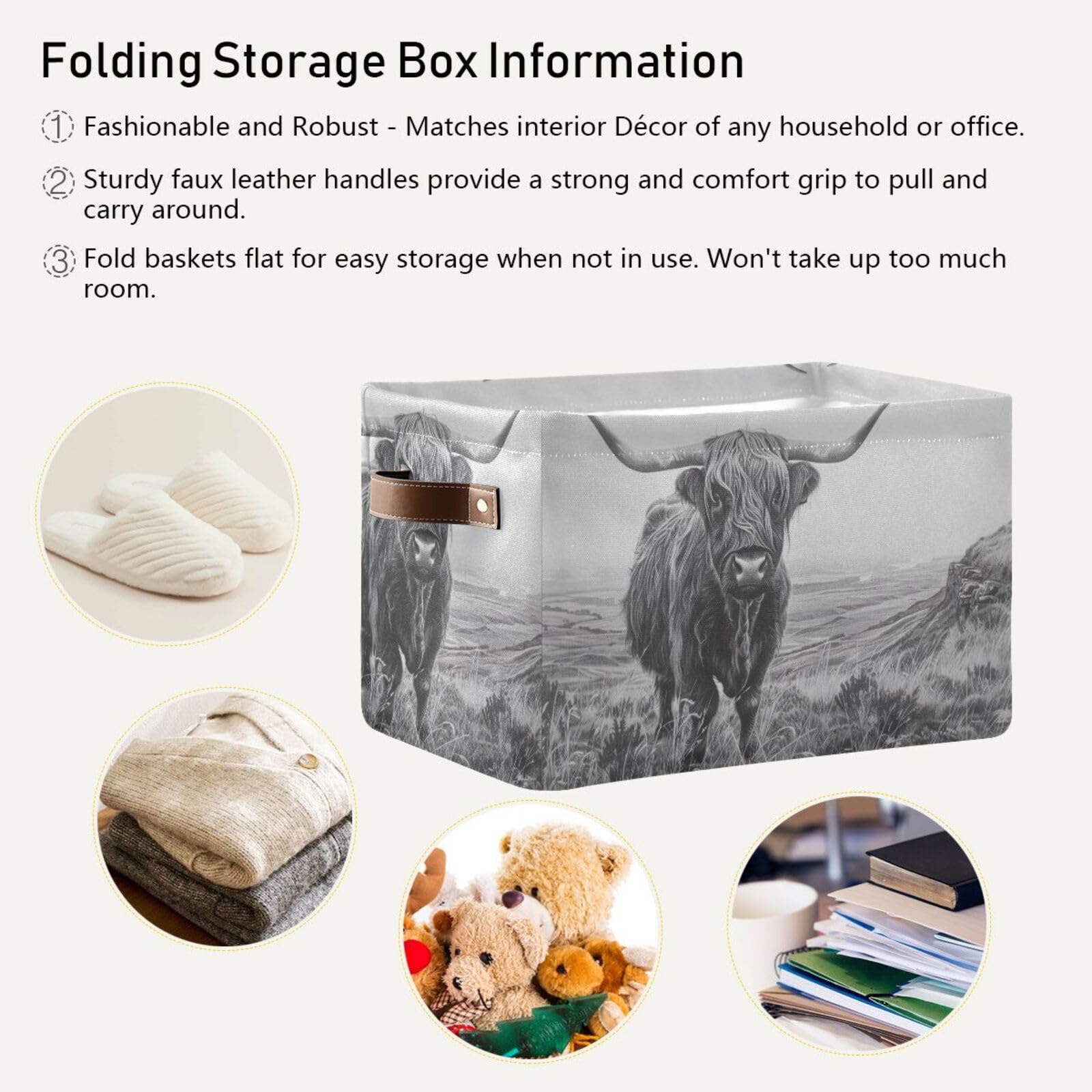 2PCS Large Foldable Storage Baskets - Highland Cow Pattern Collapsible Organizer Bin for Home, Office, and Nursery Organization