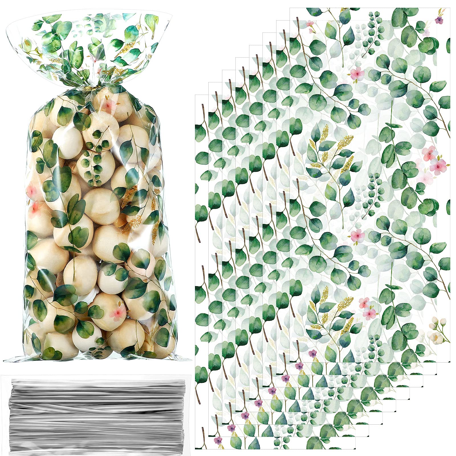 100-Piece Eucalyptus Cellophane Treat Bags for Baby Showers, Birthday Parties & Candy Favors - Decorative Party Supplies for Gifts, Snacks & Goodies - Perfect for Baby Showers, Weddings & Holiday Celebrations