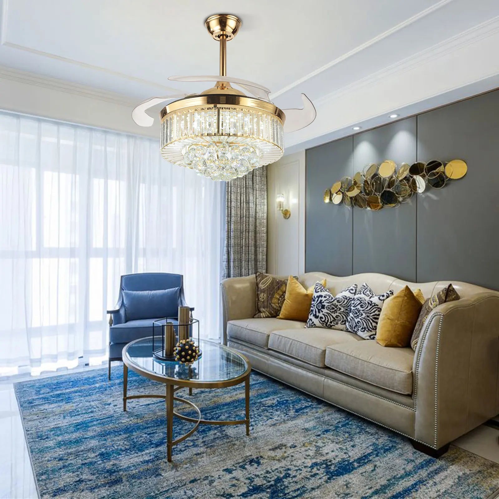 Feriya 42 Inch Crystal Ceiling Fan with LED Light - Gold & Silver Finish - Elegant Chandelier Fan for Living Room, Bedroom, and Dining Room