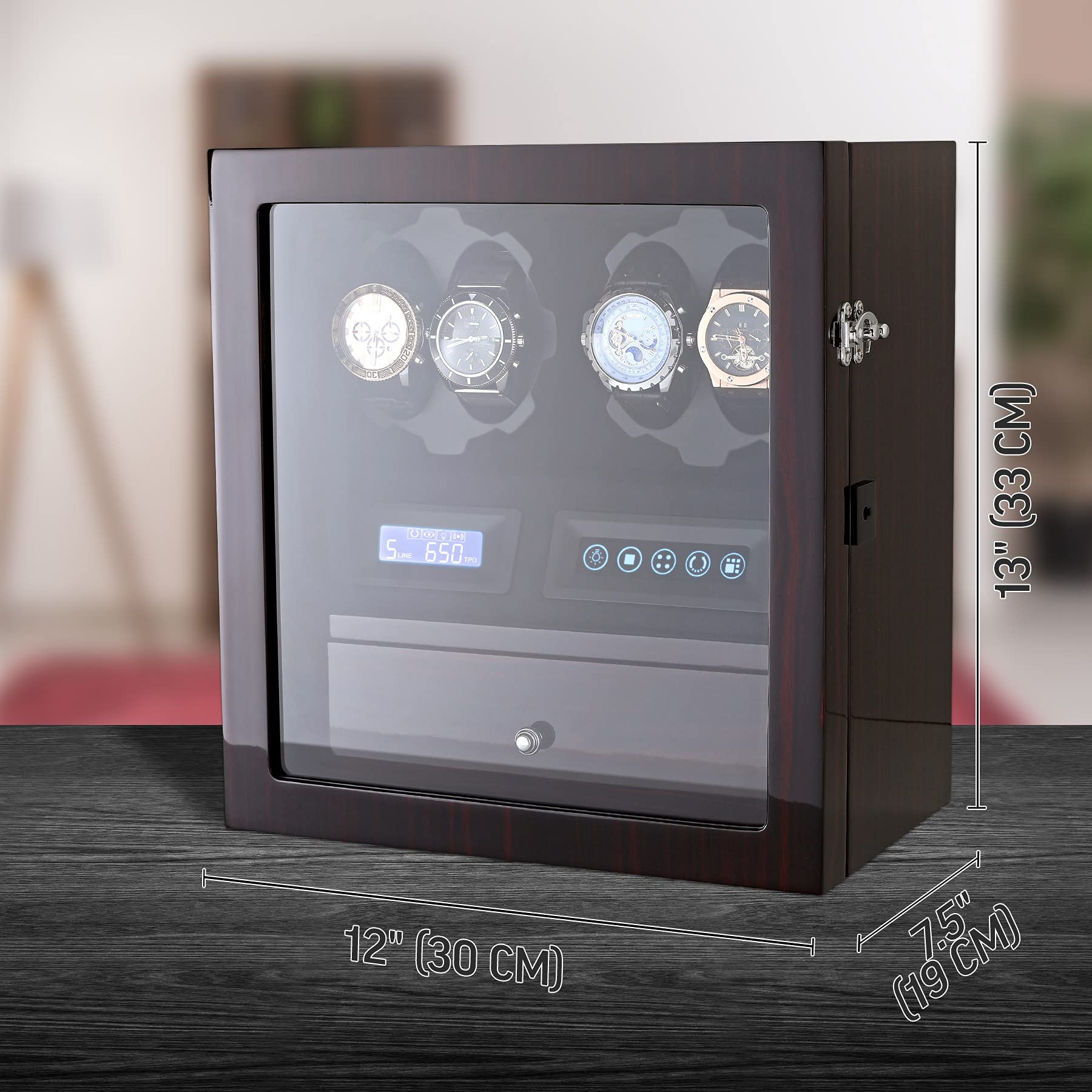 4 Watch Winder Box with 5 Watch Storage - Automatic Winder with LCD Display, Touch Control & LED Interior Light - Perfect for Watch Collectors & Luxury Watch Storage