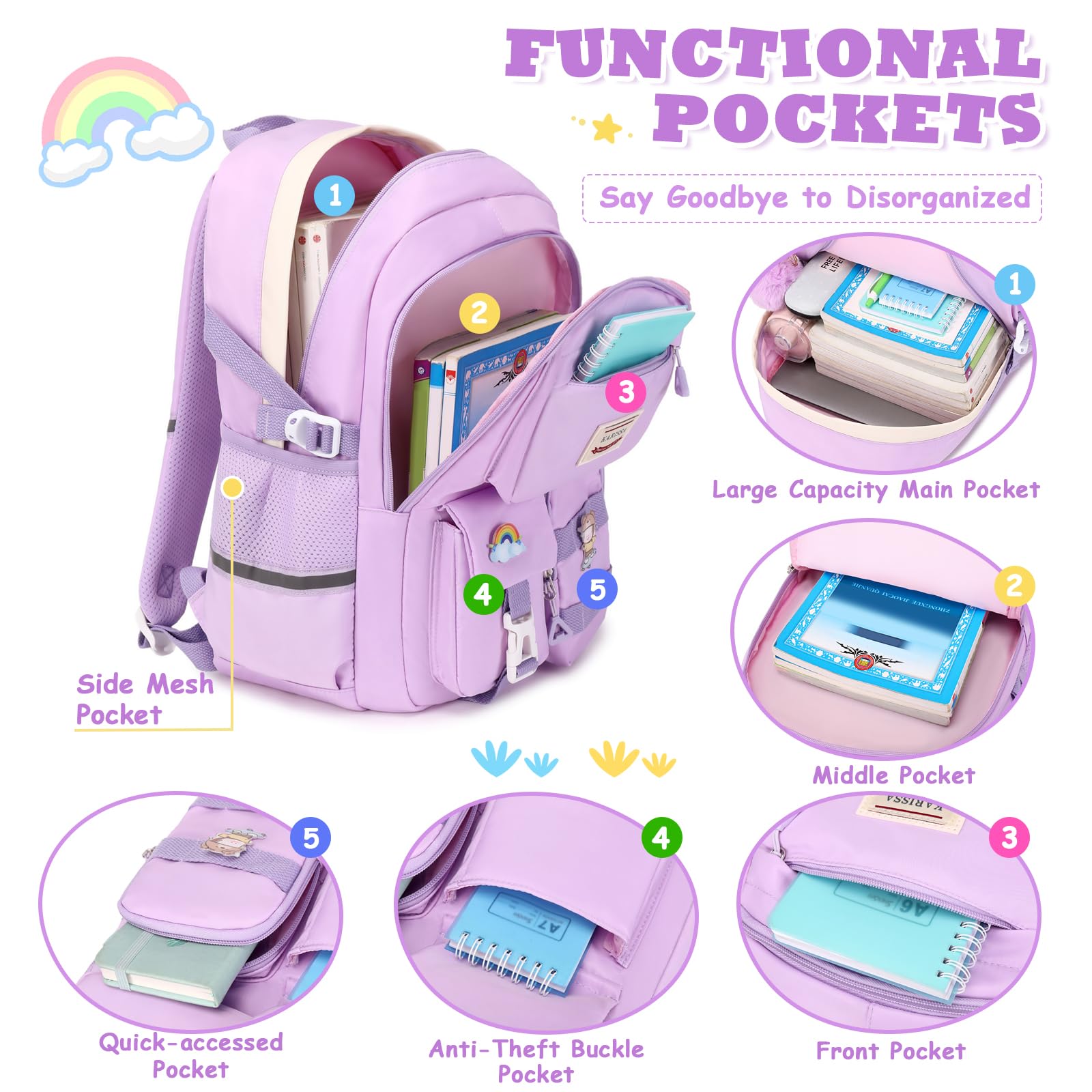 Cute Kawaii Girls Backpack for School - Fashionable Teen Bookbag with Multiple Pockets for Elementary, Middle & High School Students (Purple) - Perfect for Daily Use, Travel & School Supplies Organization