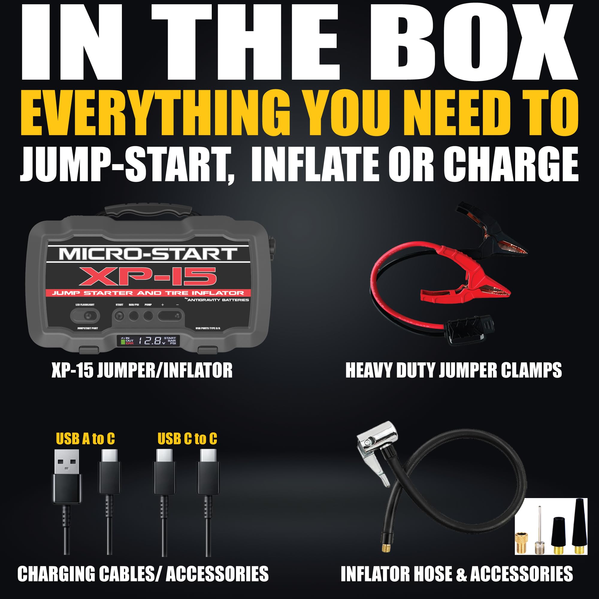 Antigravity XP-15 Micro-Start Lithium Jump-Starter with Built-in Air Compressor - 2000A Peak Portable Power Bank for Gas & Diesel Vehicles - USB-C & USB-A Charging Ports for Phones & Electronics - Emergency Car Battery Booster for Road Trips & Outdoor Adventures