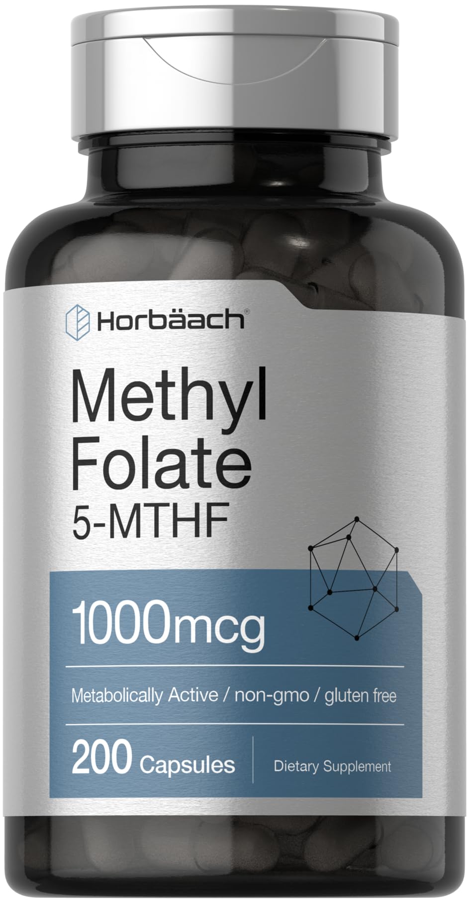 Horbäach Methyl Folate 1000 mcg Supplement (200 Capsules) - 5-MTHF Active Folate for Women & Men - Non-GMO, Gluten Free - Supports Heart Health, Pregnancy & Cognitive Function - Perfect for Prenatal Care & Daily Wellness