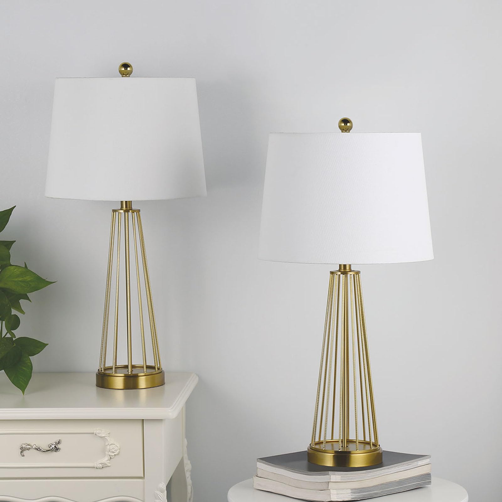 Maxax 27 Inch Table Lamps Set of 2 - 3-Way Dimmable Brass Gold Nightstand Lamps with White Fabric Shade, Industrial Bedside Lighting for Living Room, Bedroom & Office - Hollow Metal Base for Modern Home Decor