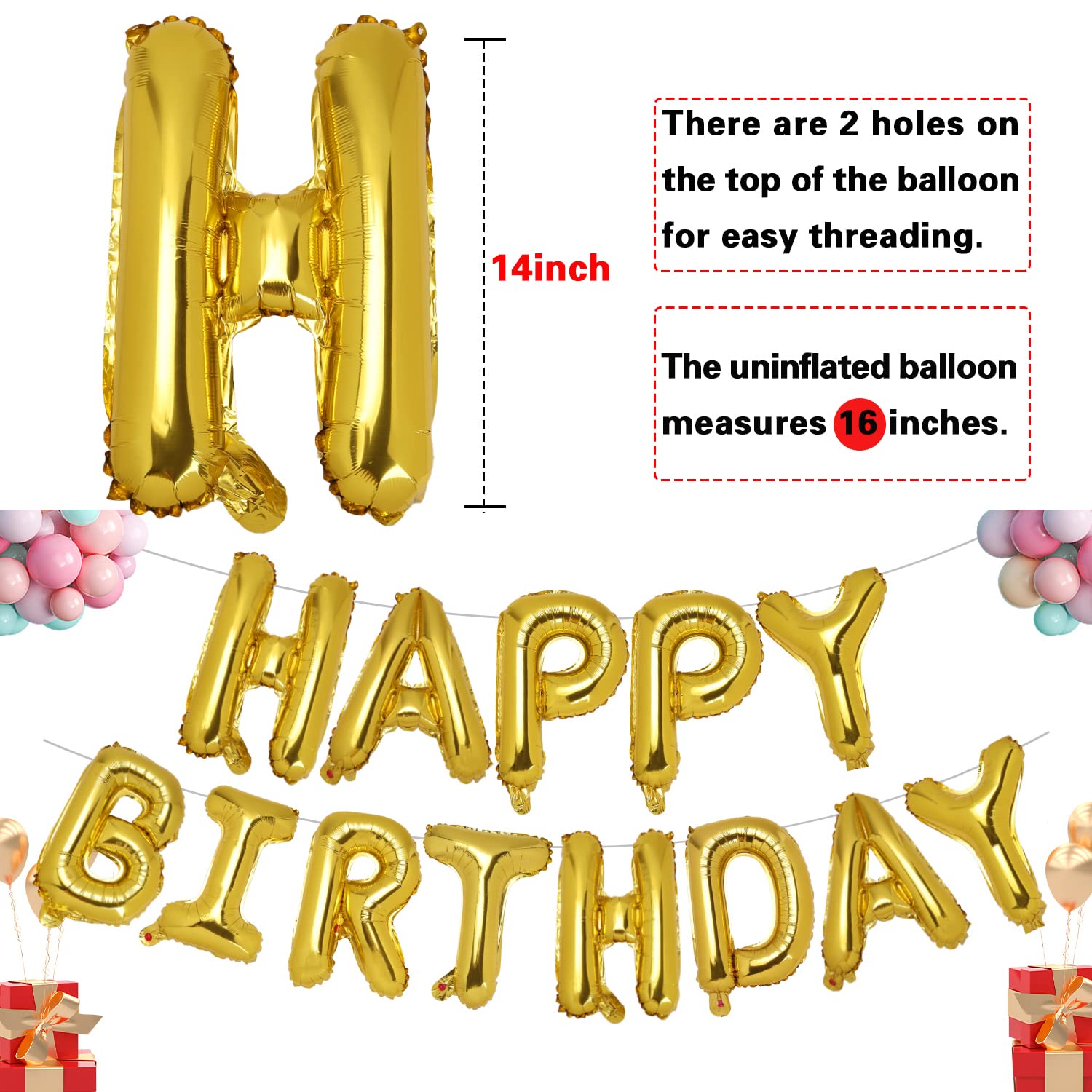 Accevo Gold Happy Birthday Balloons - 16 Inch Mylar Foil Letter Balloons & Banner for Kids, Adults, Boys & Girls - Birthday Party Decorations Supplies - Perfect for Birthday Celebrations, Baby Showers & Anniversary Parties