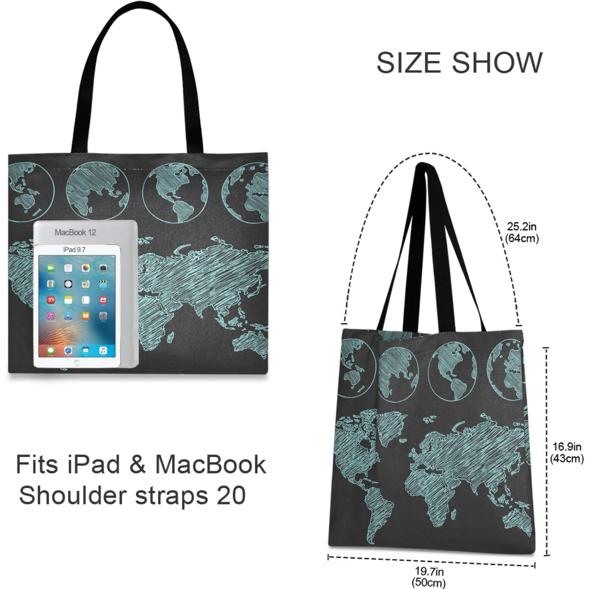 Visesunny Large Waterproof Tote Bag with Inner Pockets - Stylish World Map Floral Design for Gym, Beach, Travel & Everyday Use - Durable Shoulder Bag for Women & Men
