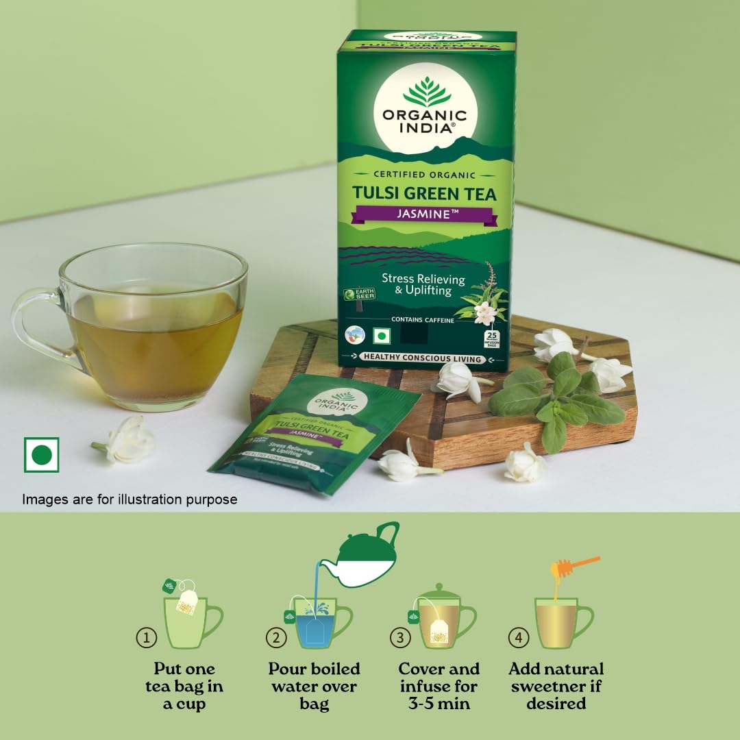ORGANIC INDIA Tulsi Green Jasmine Tea - 25 Herbal Tea Bags | USDA Organic, Caffeine-Free | Perfect for Relaxation, Meditation & Stress Relief