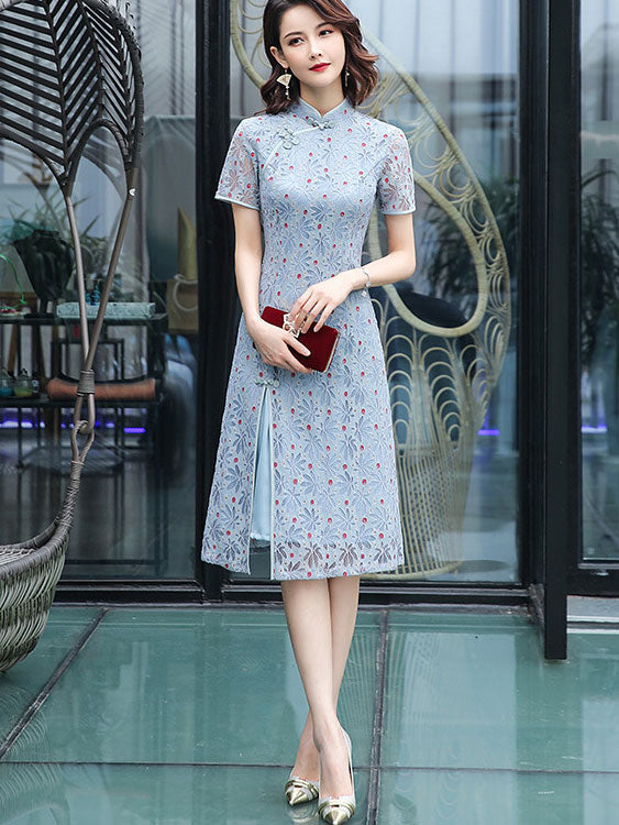 Elegant Floral Lace A-Line Midi Cheongsam Dress | Vintage Chinese Qipao Style | Perfect for Weddings, Parties & Special Occasions
