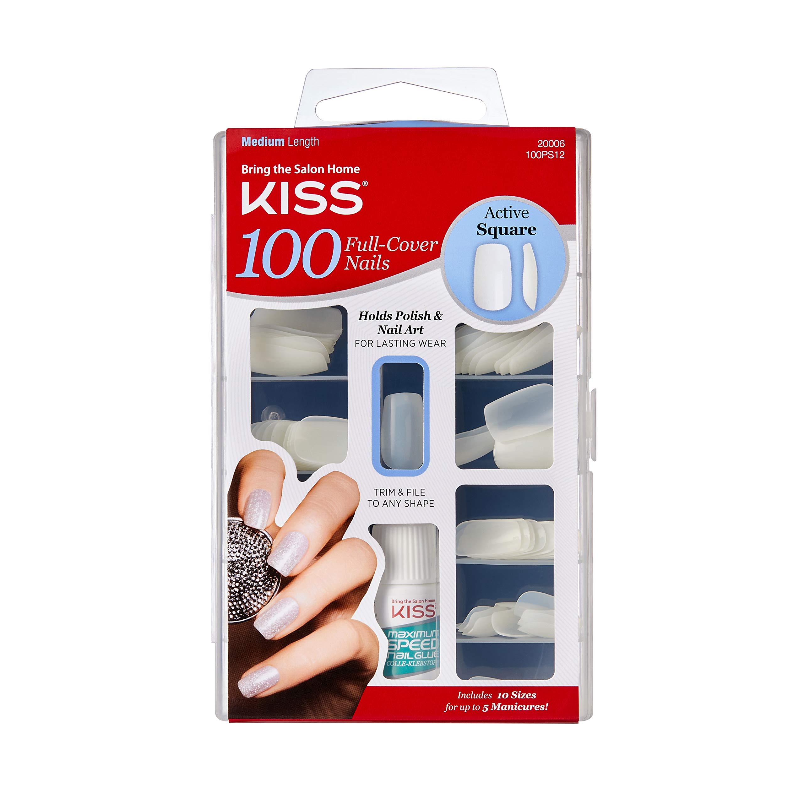 Kiss 100 Full Cover Press on Nails - Square Shape Fake Nails - 3 Pack - Easy to Apply & Reusable - Perfect for Parties, Weddings, and Daily Wear