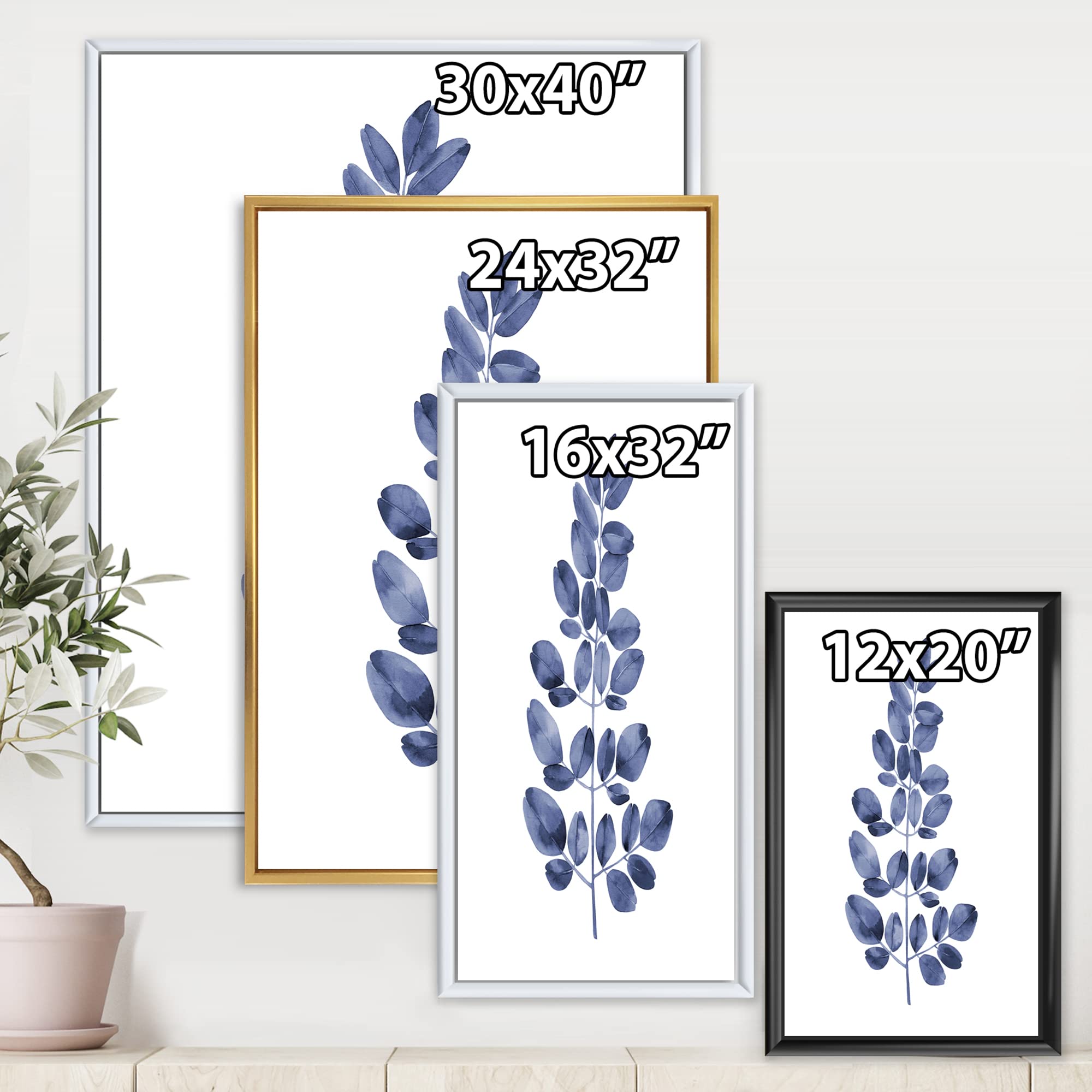 DesignQ Navy Blue Eucalyptus II - Traditional Framed Canvas Wall Art Print for Living Room, Bedroom & Office Decor | Ready to Hang Home Wall Decor