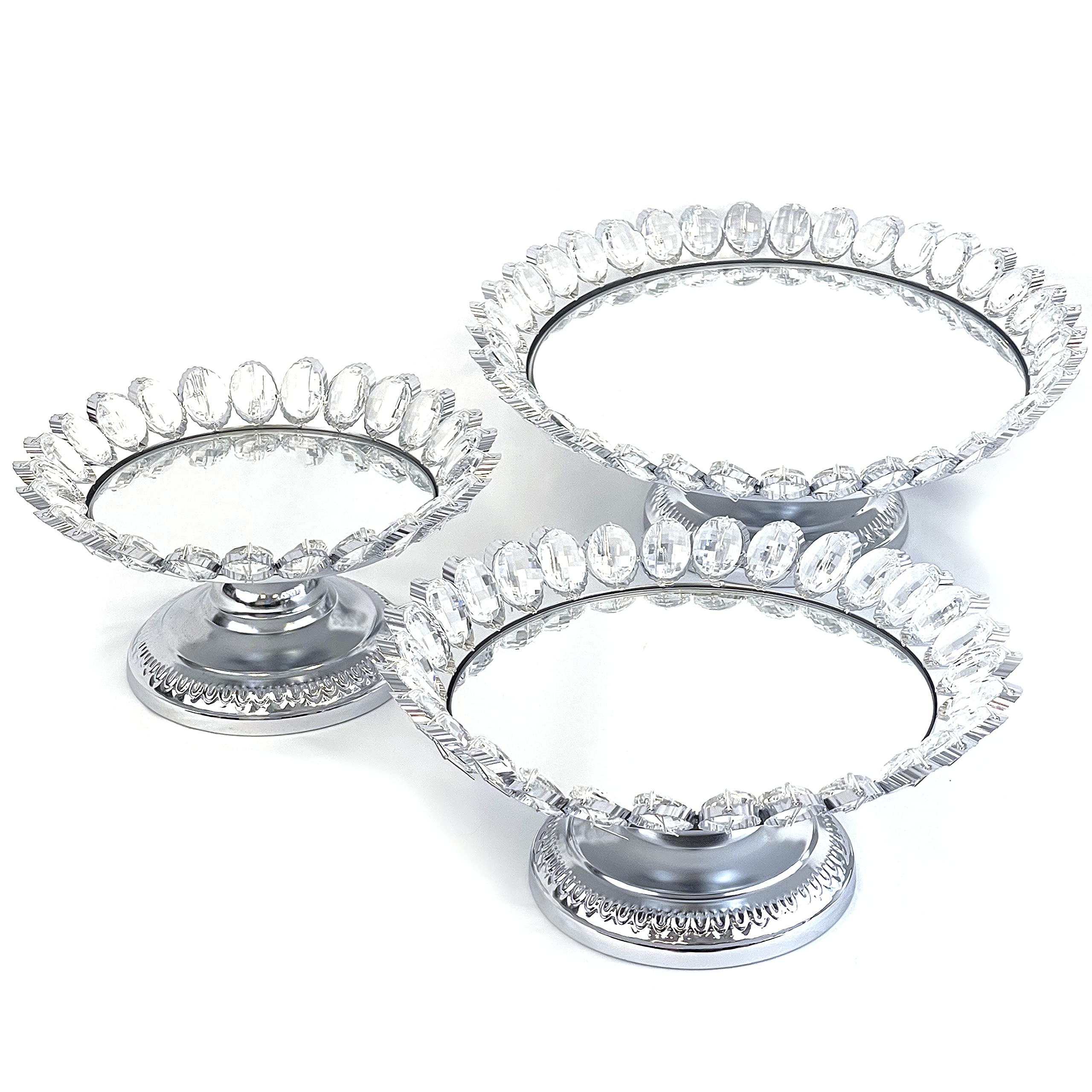 Allgala 3-Piece Silver Plated Crystal Dessert Stand Set with Mirror Plate - Elegant Cupcake & Cheese Display for Weddings, Parties & Afternoon Tea (HD89208, Lotus Design)