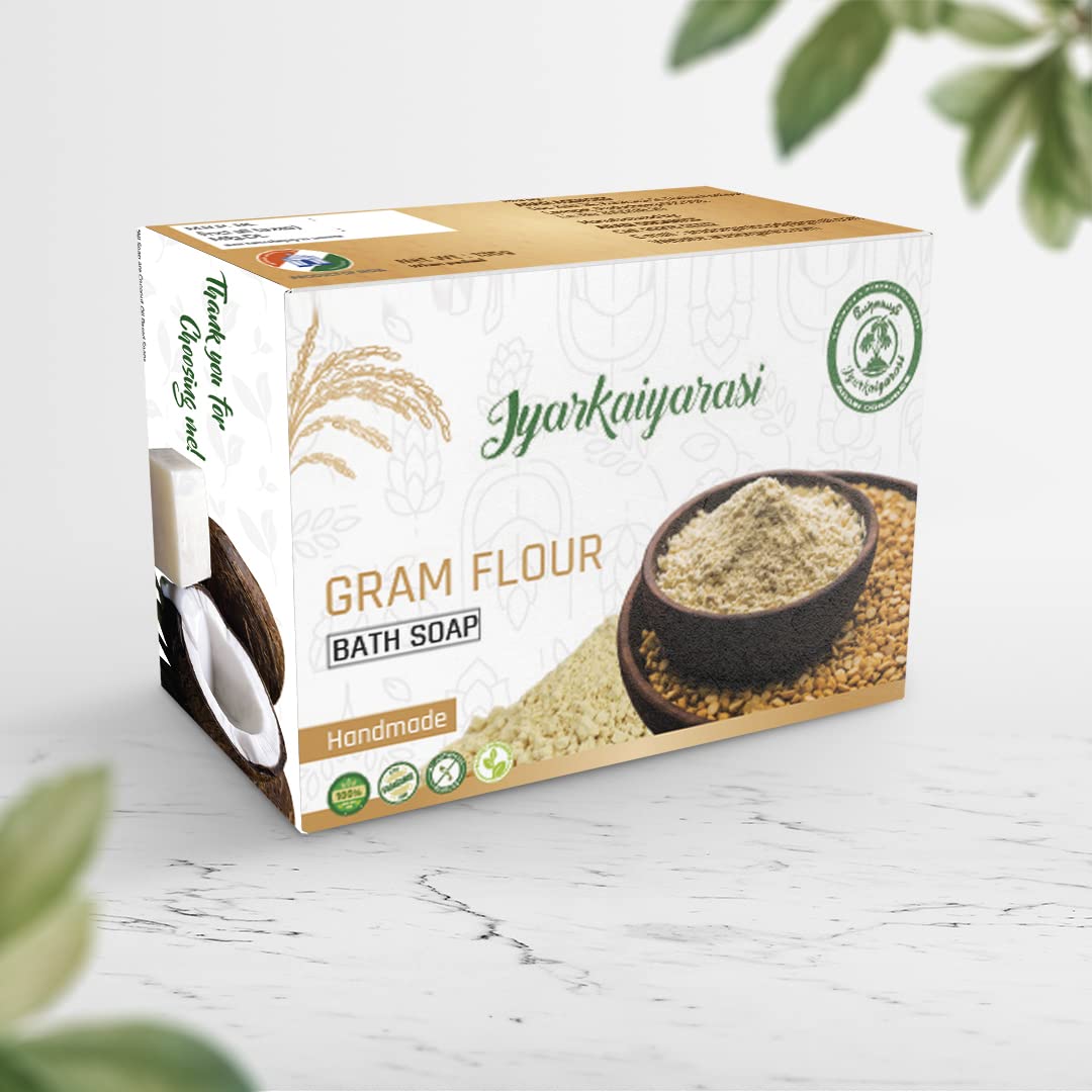 Iyarkaiyarasi Pure Coconut Oil Handmade Gram Flour Bath Soap - Fragrance-Free, Vegan, Chemical-Free for All Skin Types (130g) | Gentle Cleansing & Moisturizing for Sensitive Skin, Daily Body Wash & Ayurvedic Skincare