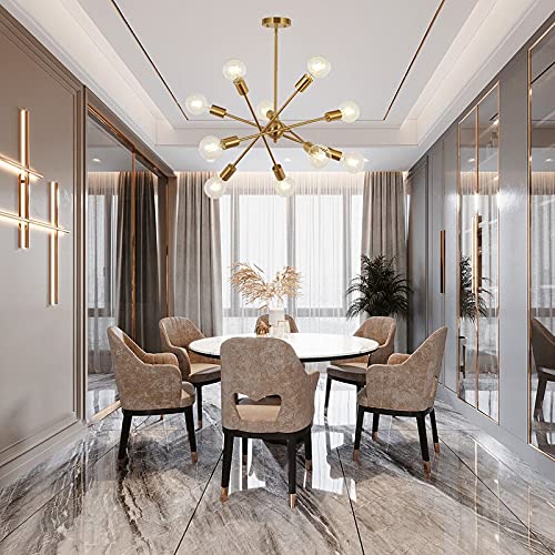 BONLICHT Modern 10-Light Sputnik Chandelier Brushed Brass Adjustable Arm Metal Kitchen Pendant Light, Mid Century Vintage Industrial Ceiling Fixture for Living Room, Dining Room, Bedroom & Office Lighting