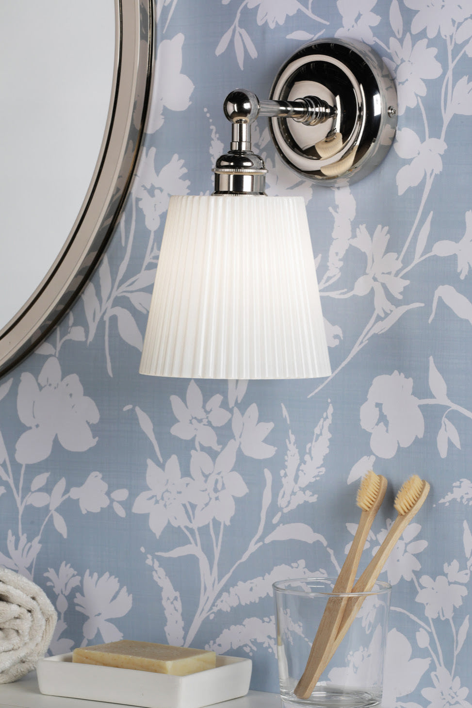 Callaghan Wall Light - Polished Nickel & Antique Brass Finish with Ribbed Glass Shade, IP44 Rated, G9 Bulb Compatible - Perfect for Bedroom, Hallway, and Staircase Lighting