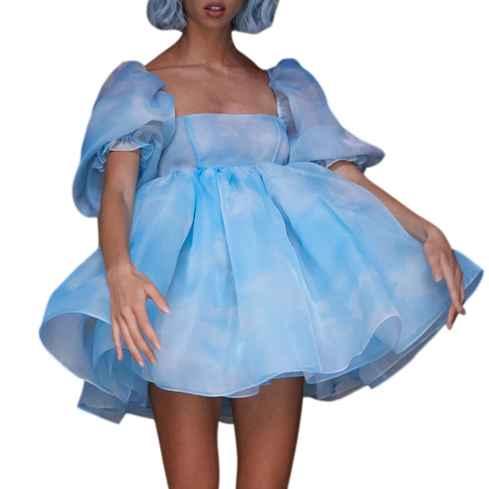Women's Puff Sleeve Square Neck High Waist Ruffled Princess Dress - Flowy Babydoll Mini Dress with Lolita Style Big Hem | Perfect for Parties, Dates & Special Occasions