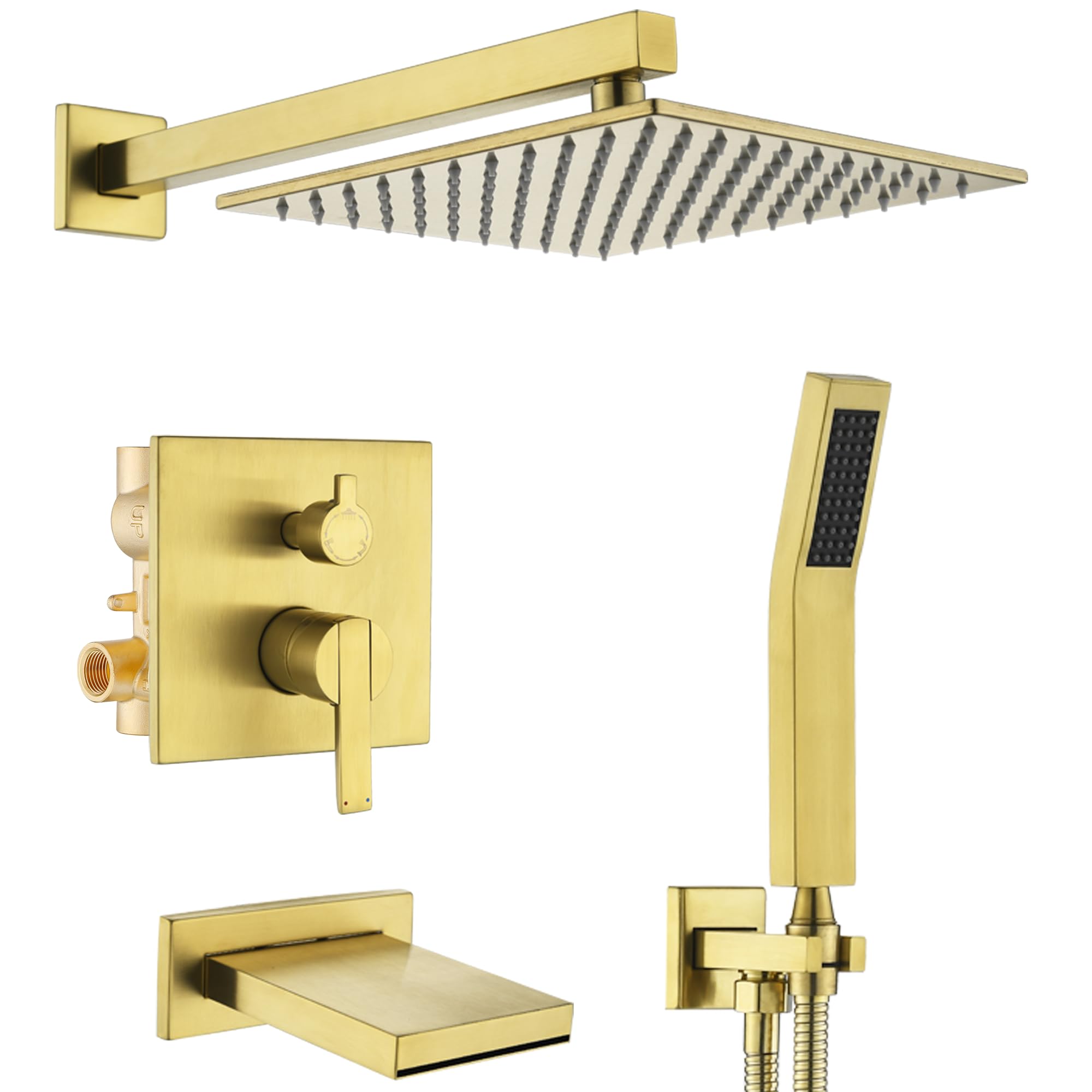Premium Brushed Gold Shower System - 10 Inch Rain Shower Head & Handheld Shower Set with Tub Spout - All Metal High Pressure Bathtub Faucet (Valve Included) - Perfect for Luxury Bathroom Renovation & Spa-Like Shower Experience