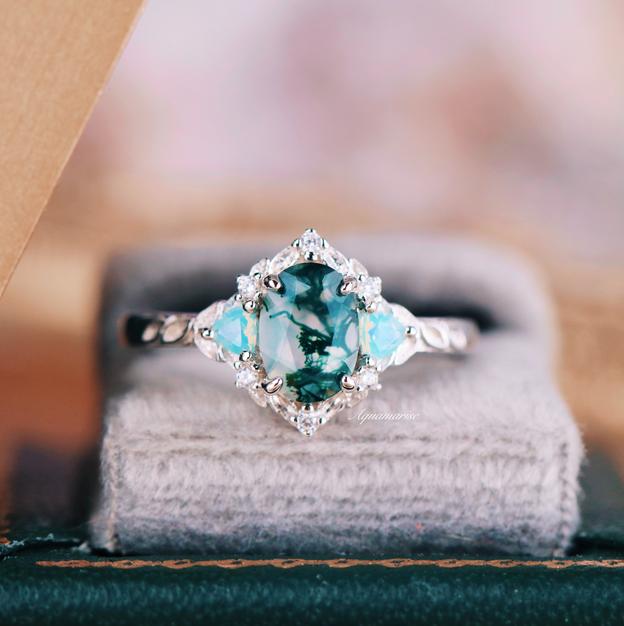 Elegant Moss Agate & Opalescent Sapphire Leaf Ring in Sterling Silver - Perfect for Nature-Inspired Jewelry Lovers, Weddings & Boho Fashion
