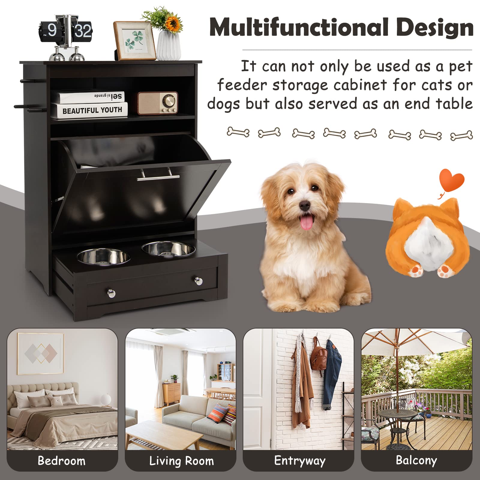 PETSITE Large Pet Feeder Station - Dog Food Storage Cabinet with Stainless Steel Double Pull-Out Raised Bowls for Feeding & Watering Supplies, Pet Toy Organizer (Brown) - Perfect for Kitchen, Laundry Room or Garage Pet Feeding Station