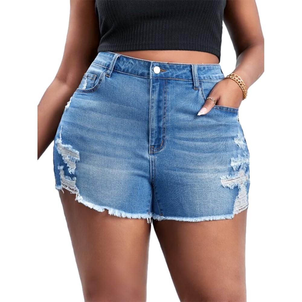 MapleHub Plus Size Women's Ripped Denim Shorts - High Waisted Stretchy Jean Shorts with Folded Hem for Summer Casual Wear & Street Style