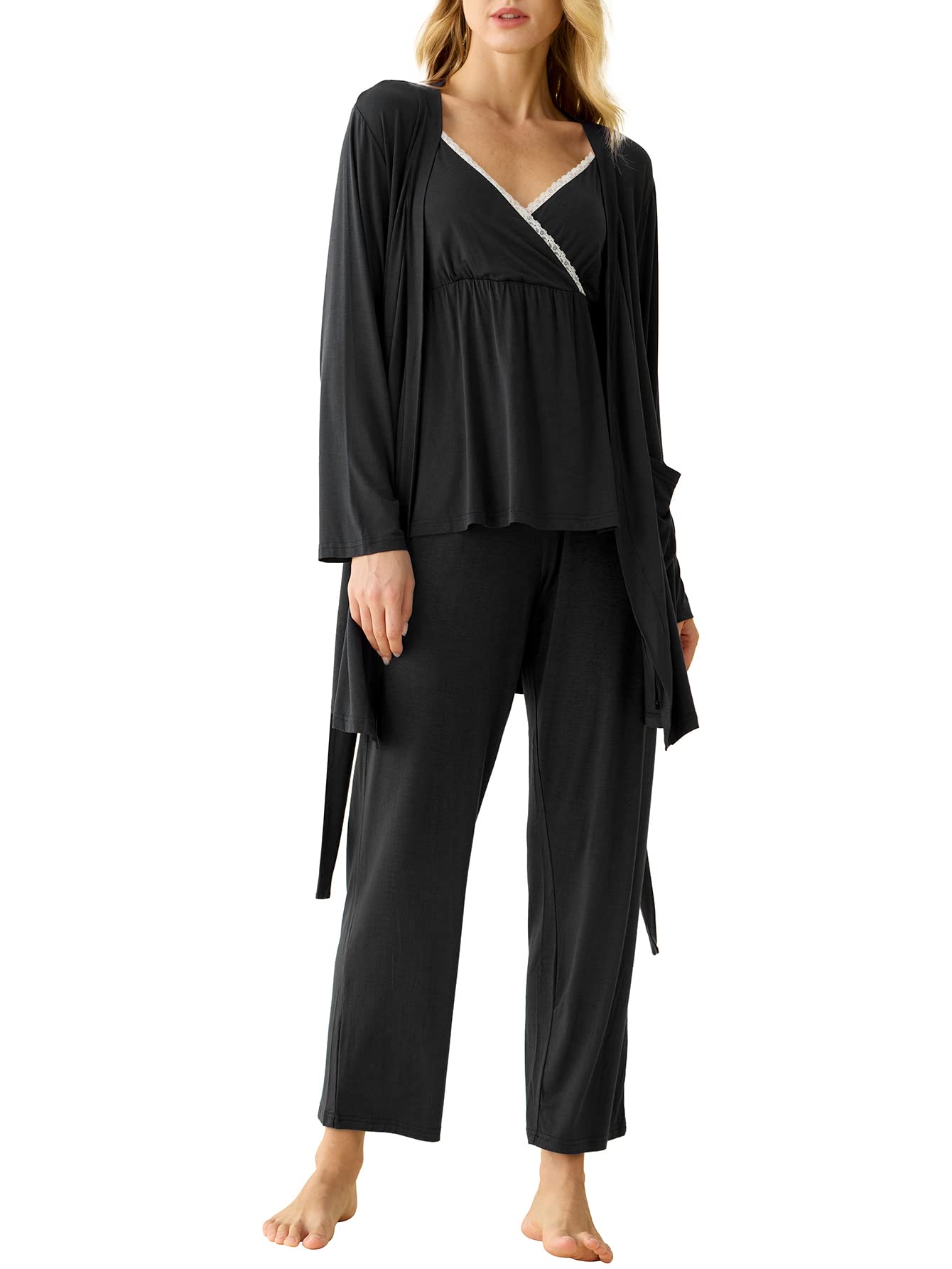 Soft & Comfortable Women's Bamboo Viscose 3-Piece Nursing Pajama Set with Robe - Breathable Maternity Sleepwear for Breastfeeding Moms - Perfect for Nighttime Nursing, Postpartum Recovery & Relaxing at Home