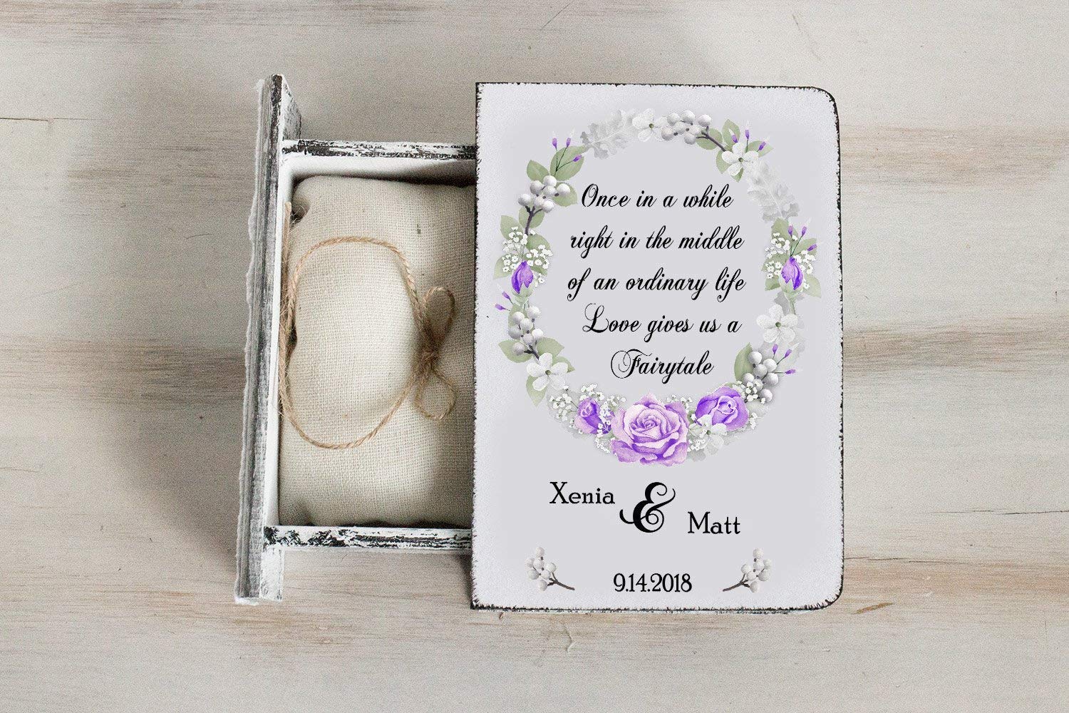 Personalized Rustic Wedding Ring Box - Custom Engraved Wooden Ring Bearer Box with Purple Roses Wreath for Summer Weddings & Engagement Ceremonies | Elegant Flower Ring Holder for Bridal Jewelry Display