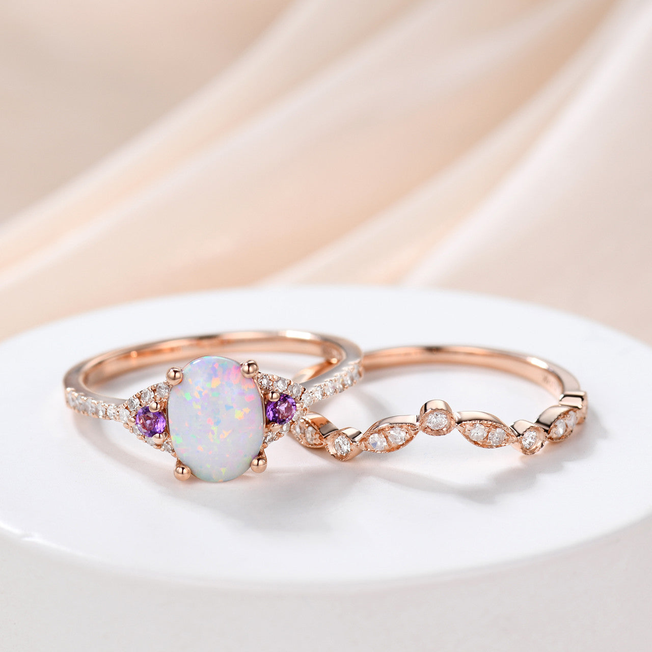 Vintage Art Deco Oval Opal Diamond Engagement Ring for Women - 14K Rose Gold Wedding Band with Amethyst Accent - Perfect for Proposals, Anniversaries & Special Occasions