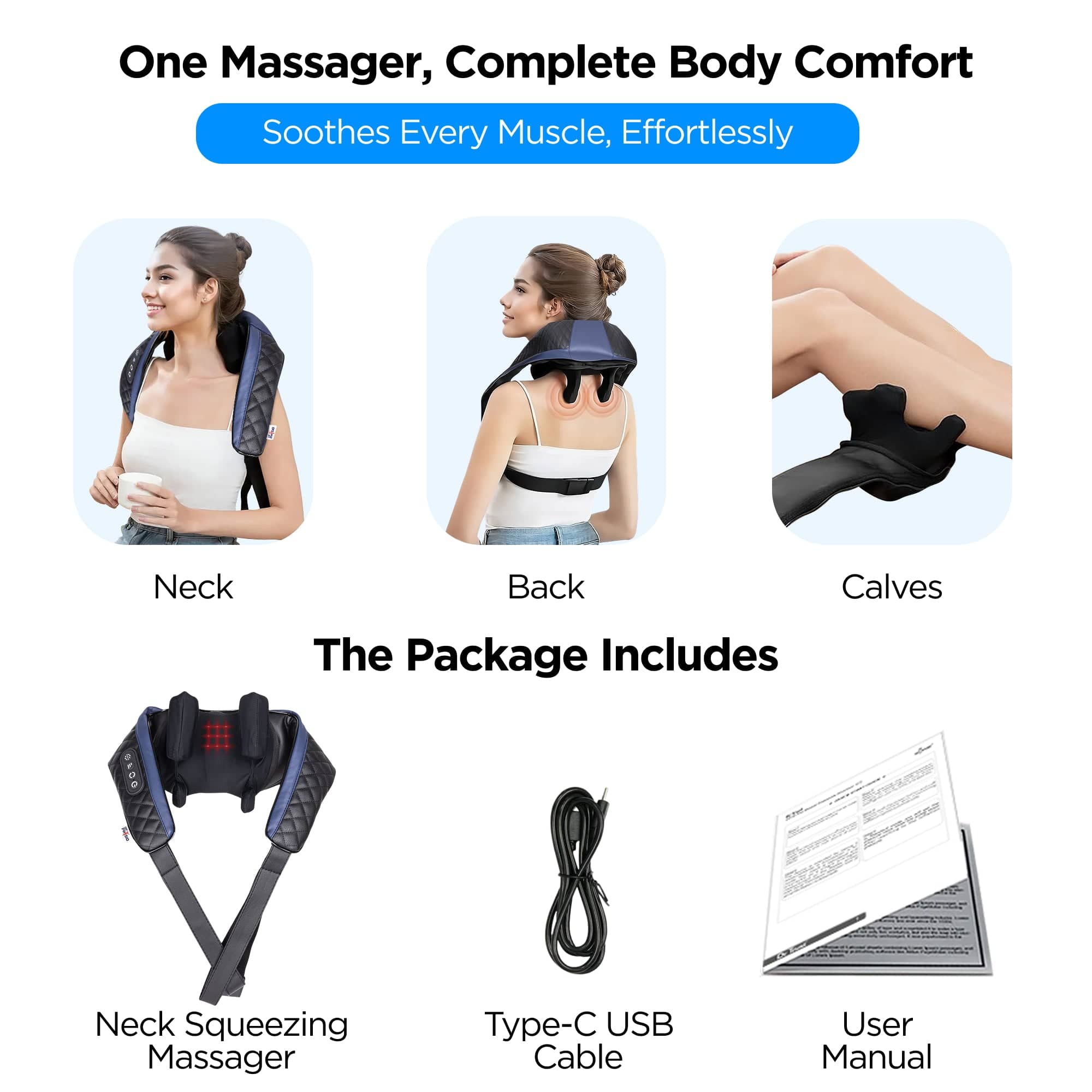 Rechargeable Neck Shoulder & Back Massager with Infrared Heat - Hands-Free Deep Tissue Shiatsu Massage Machine for Full Body Pain Relief - Perfect Gift for Men & Women - Ideal for Home, Office & Travel Relaxation