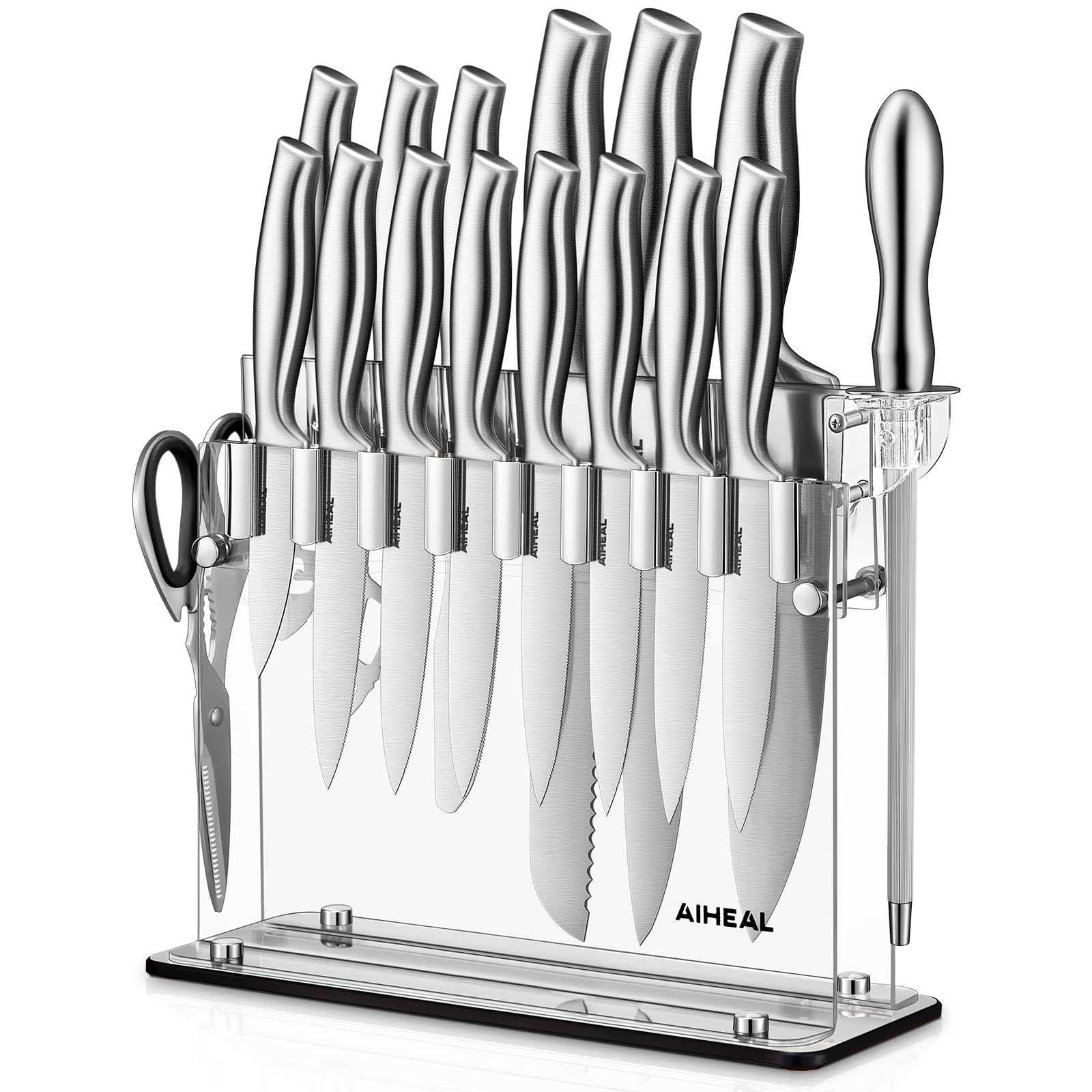 17-Piece Stainless Steel Kitchen Knife Set with Acrylic Stand - Super Sharp, Rust-Free Knives Including Steak Knives & Built-in Sharpener | Perfect for Home Chefs, Cooking Enthusiasts & Professional Kitchens