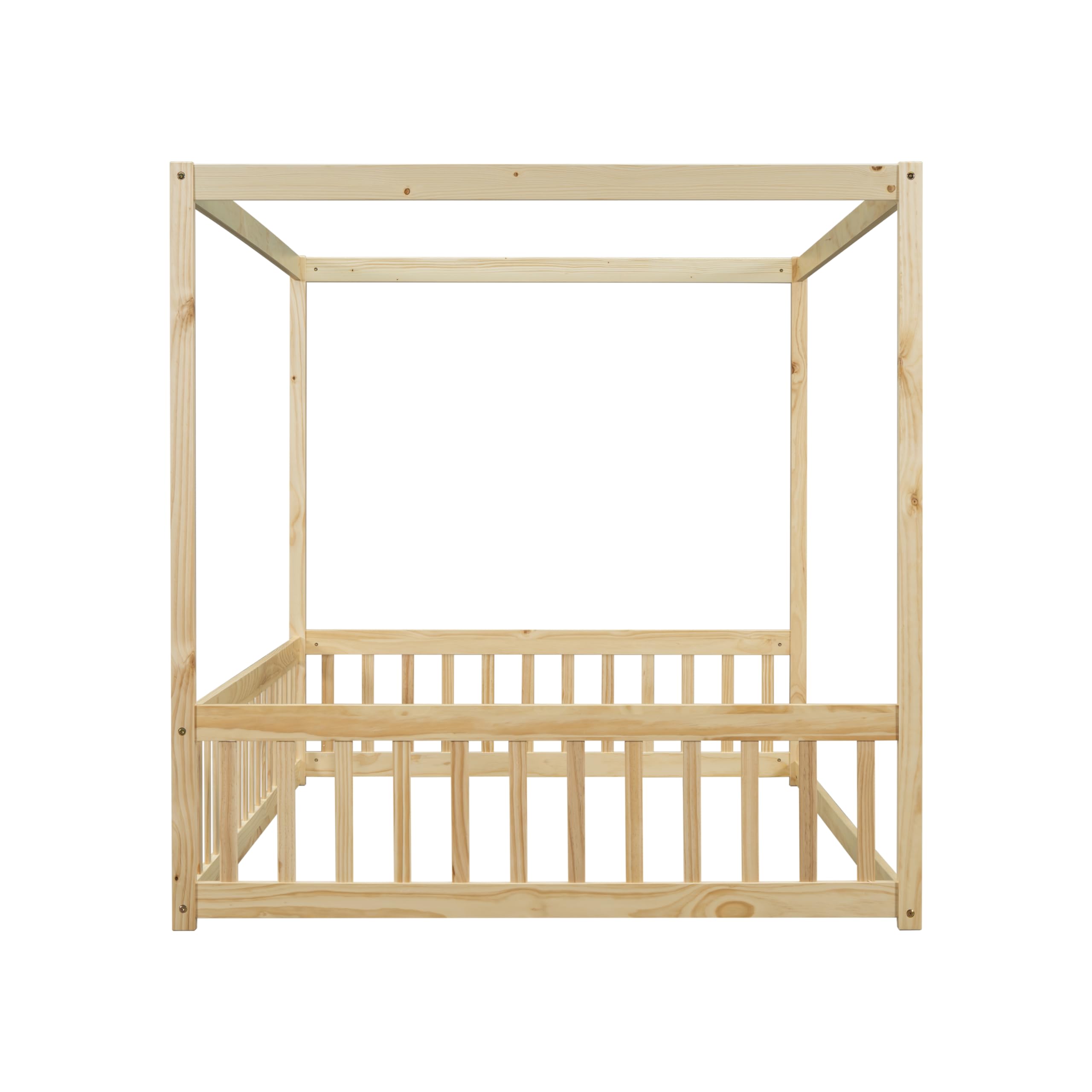 Montessori Full Size Canopy Bed Frame with Guardrails for Kids - Solid Wood Four Poster Floor Bed for Girls & Boys (Natural Finish) | Safe Toddler Bedroom Furniture for Playrooms & Montessori Learning Spaces