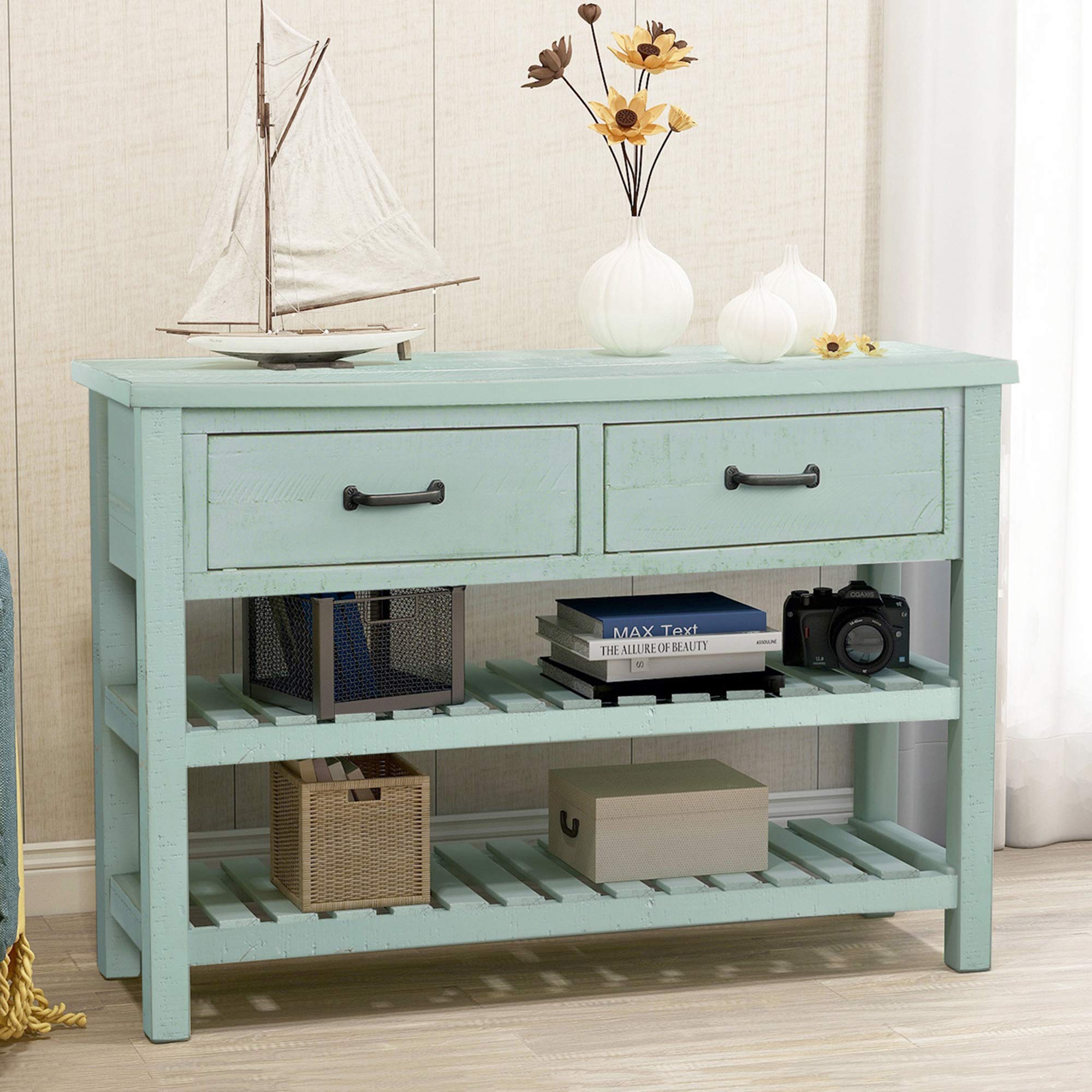 Vintage Sofa Table - Retro Style Console Table with 2 Drawers & Shelf, Entryway Furniture for Living Room (Antique Blue) | Perfect for Hallway Decor, Small Space Solution & Home Organization