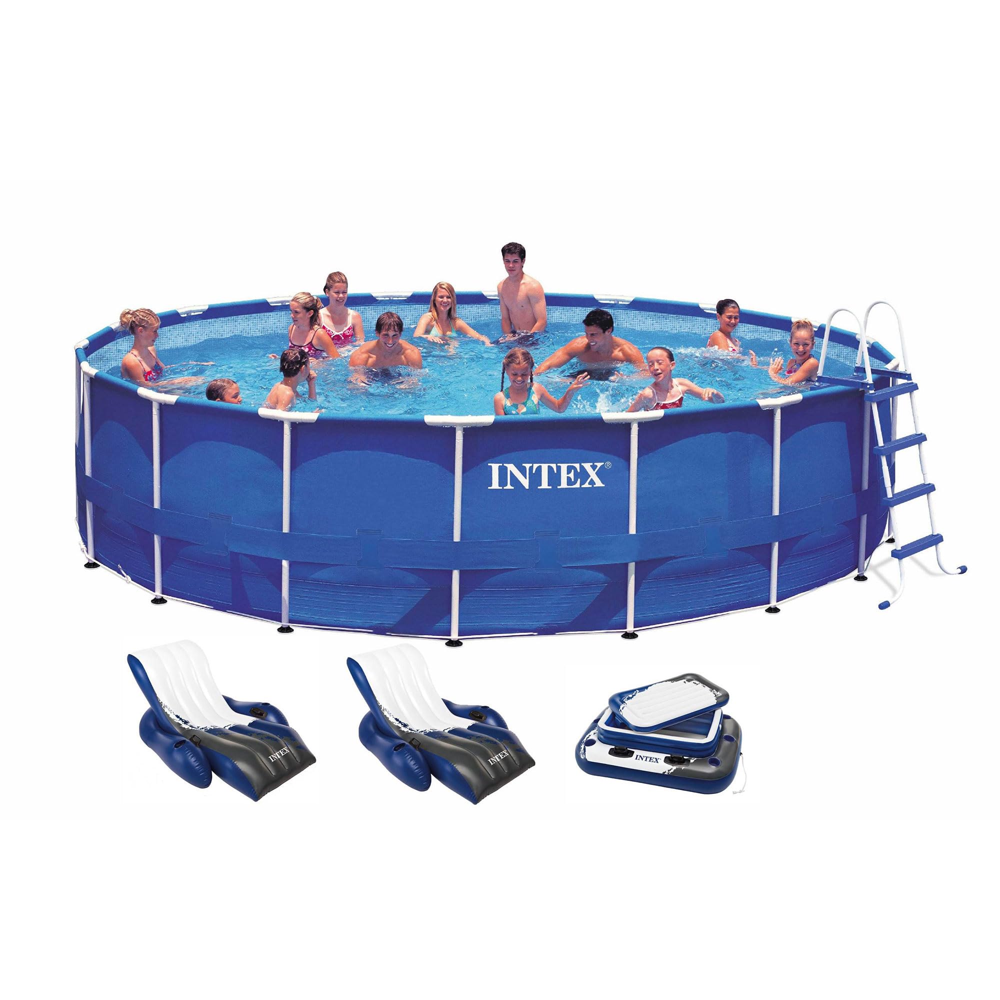 **Intex 18ft x 48in Metal Frame Above Ground Swimming Pool Set with Filter Pump, Pool Cover, Inflatable Cooler & 2 Recliner Chairs – Perfect for Backyard, Parties & Summer Fun**