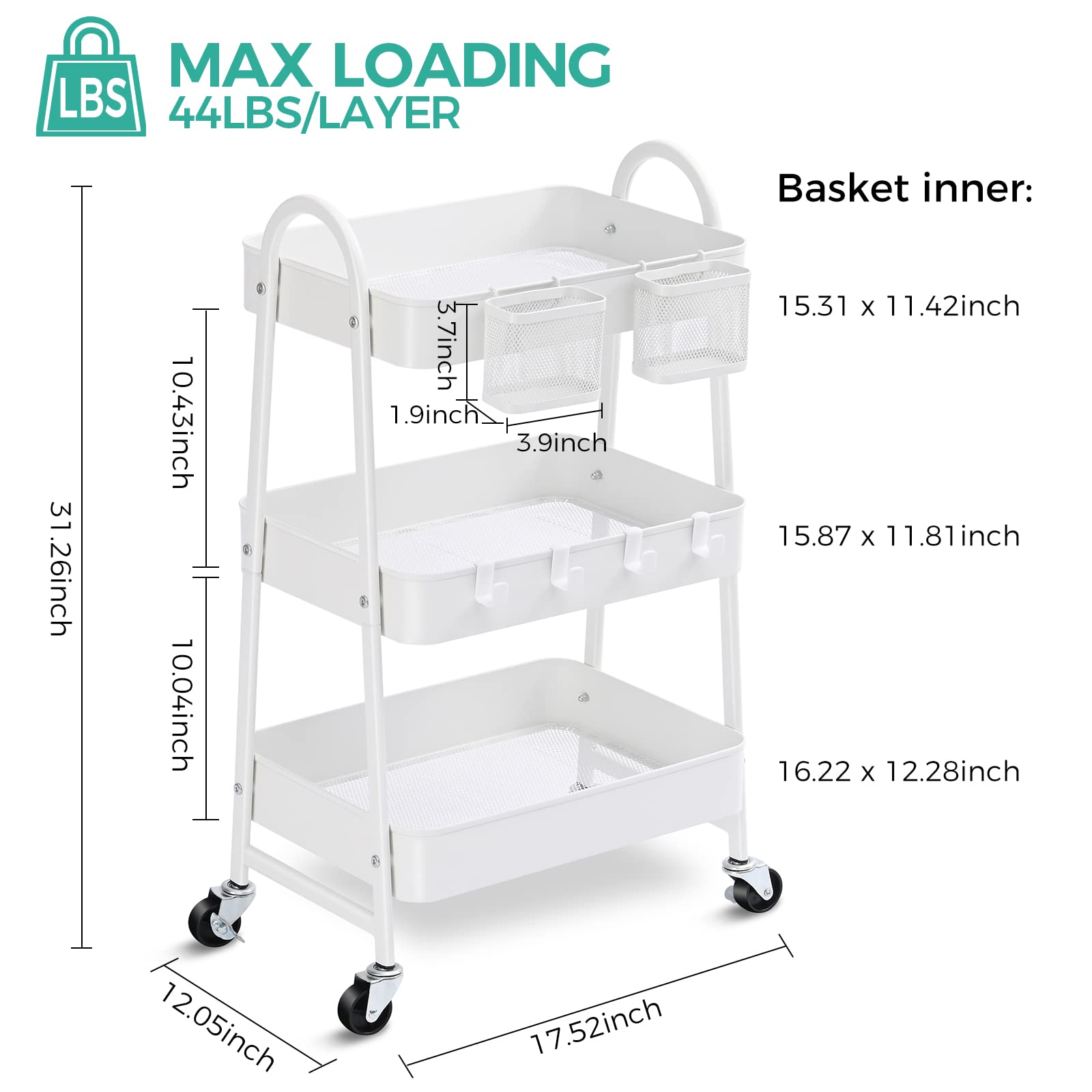 KINGRACK 3-Tier Rolling Utility Cart with Lockable Wheels & Handle - Metal Storage Cart with 2 Hanging Baskets & 4 Hooks - Perfect for Kitchen, Bathroom, Office, Dorm Room, Laundry Room & Garage Organization (White)