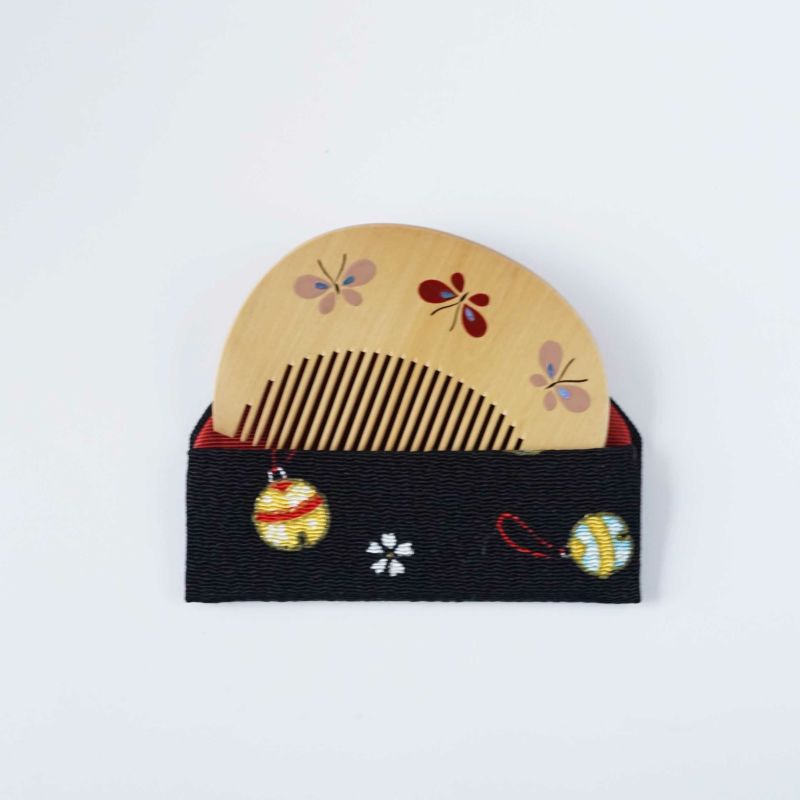 Handmade Kyoto Japanese Maki-e Urushi Lacquer Tsuge Boxwood Hair Comb with Chirimen Crepe Fabric Case - Butterfly Design | Traditional Japanese Hair Accessory for Weddings, Tea Ceremonies & Special Occasions