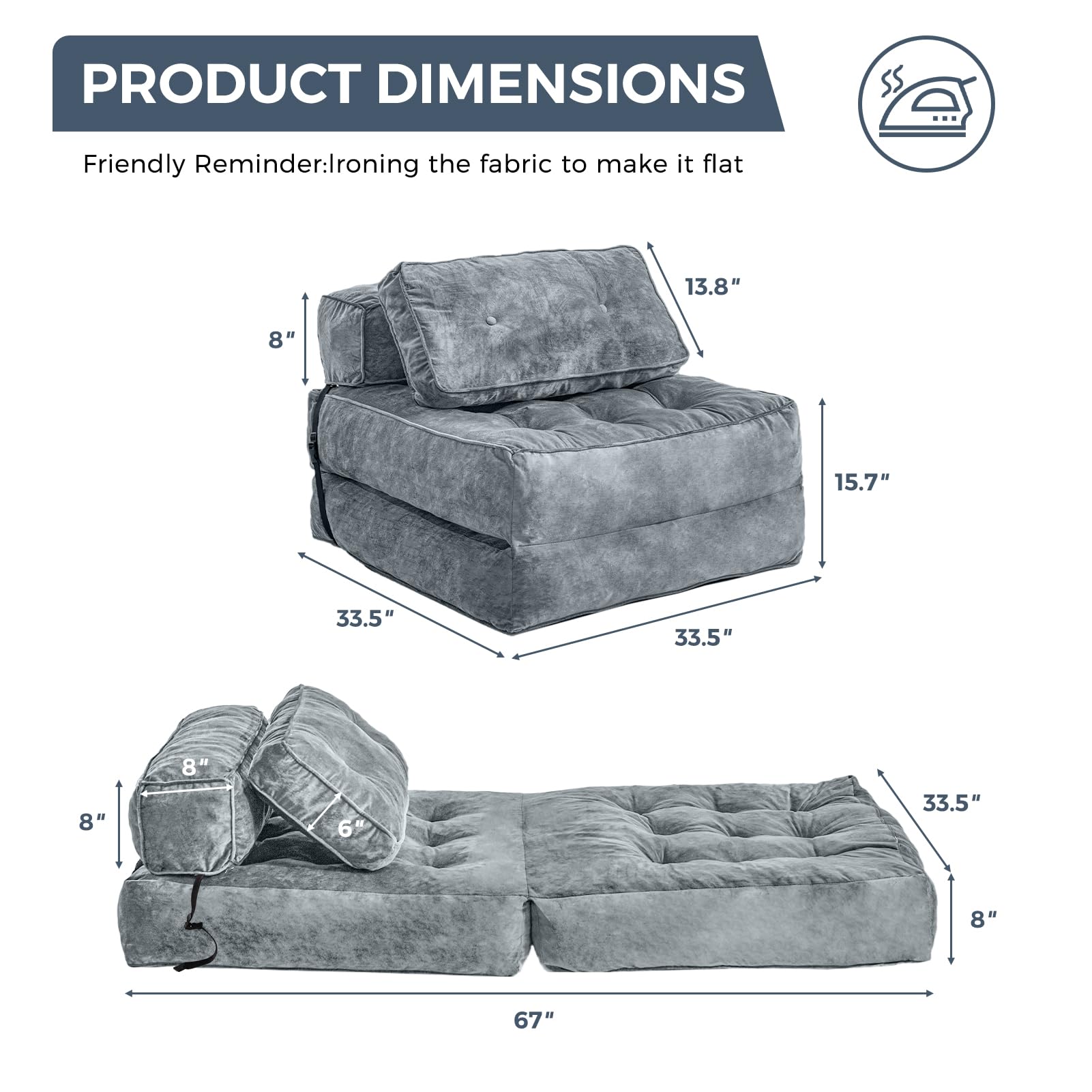 MAXYOYO Velvet Convertible Folding Sofa Bed - Dark Grey Sleeper Chair with Pillow | Portable Fold Out Guest Bed for Small Spaces, Living Room & Dorm Room