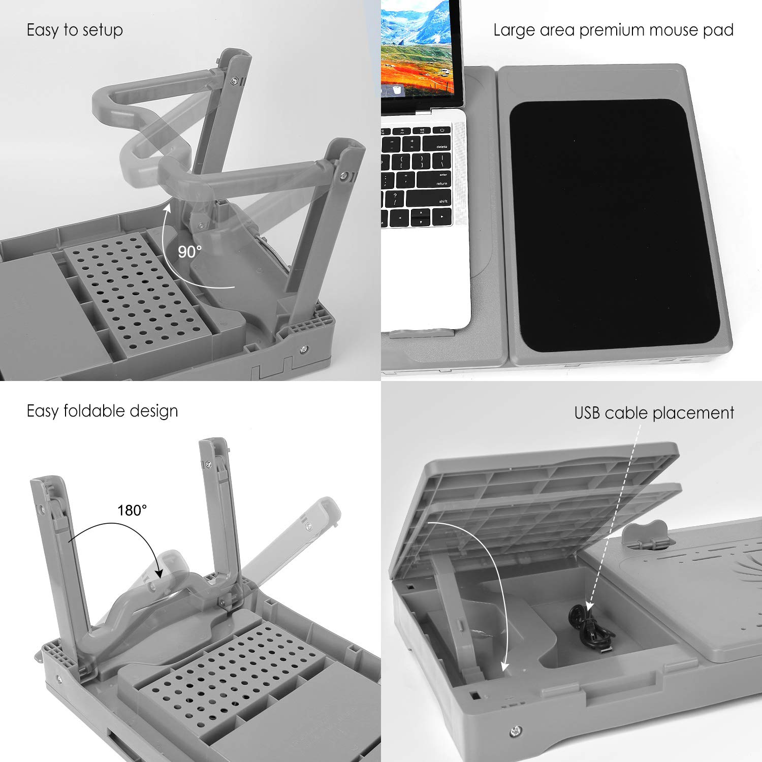 iMountek Multi-Functional Laptop Bed Table with Cooling Fan, LED Light, 4 USB Ports & Storage - Adjustable Notebook Tray Desk with Mouse Pad (Grey) - Perfect for Working, Studying or Watching Movies in Bed, Sofa or Floor