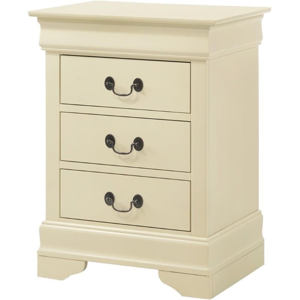 Glory Furniture Louis Phillipe 3-Drawer Nightstand in Beige - Elegant Bedside Table for Bedroom Decor & Storage | Perfect for Master Bedroom, Guest Room, or Apartment