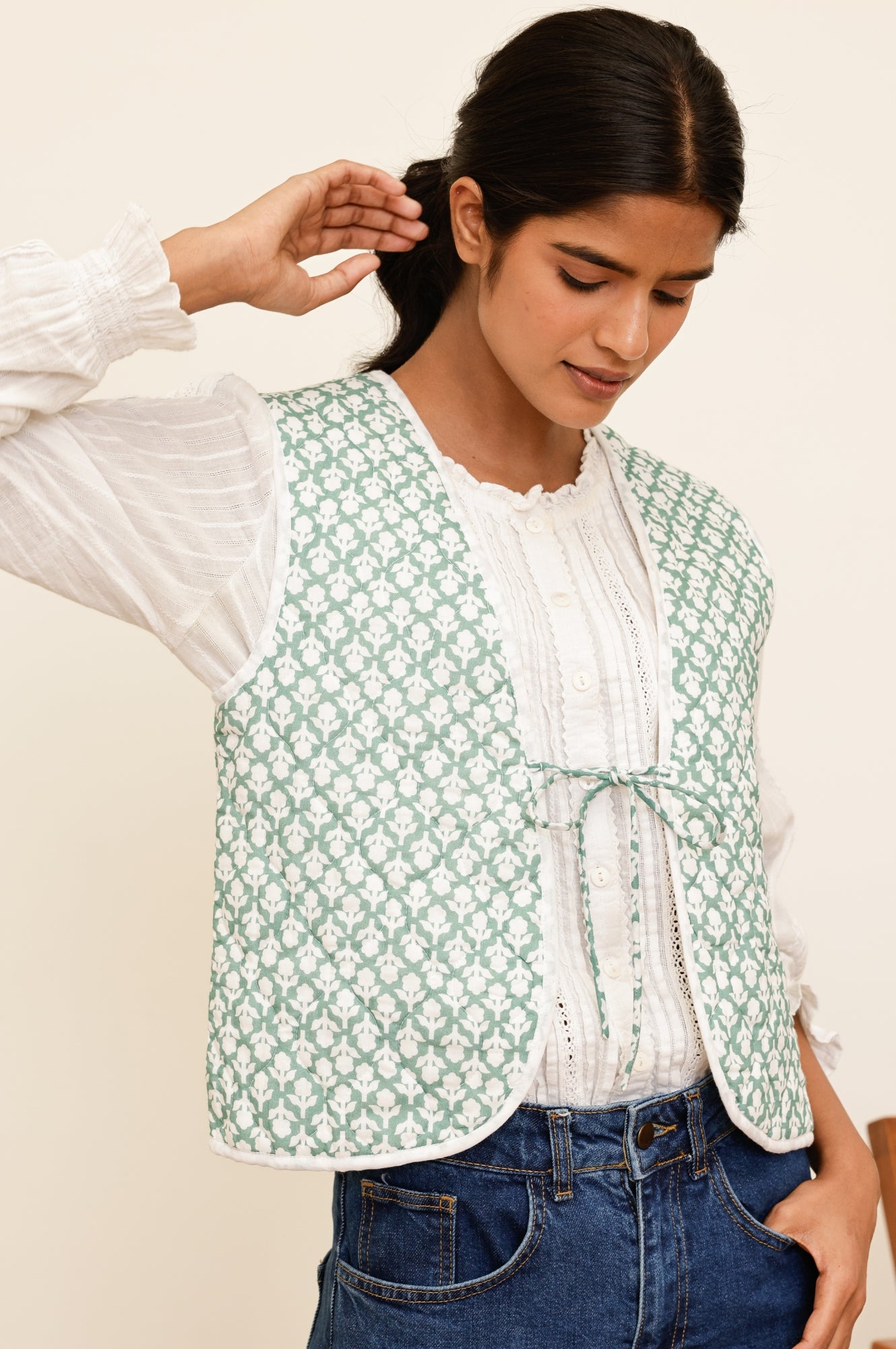 Arlo Quilted Organic Cotton Gilet Vest for Women - Flower Stamp Sage/White - Lightweight Layering Piece for Fall & Winter Fashion