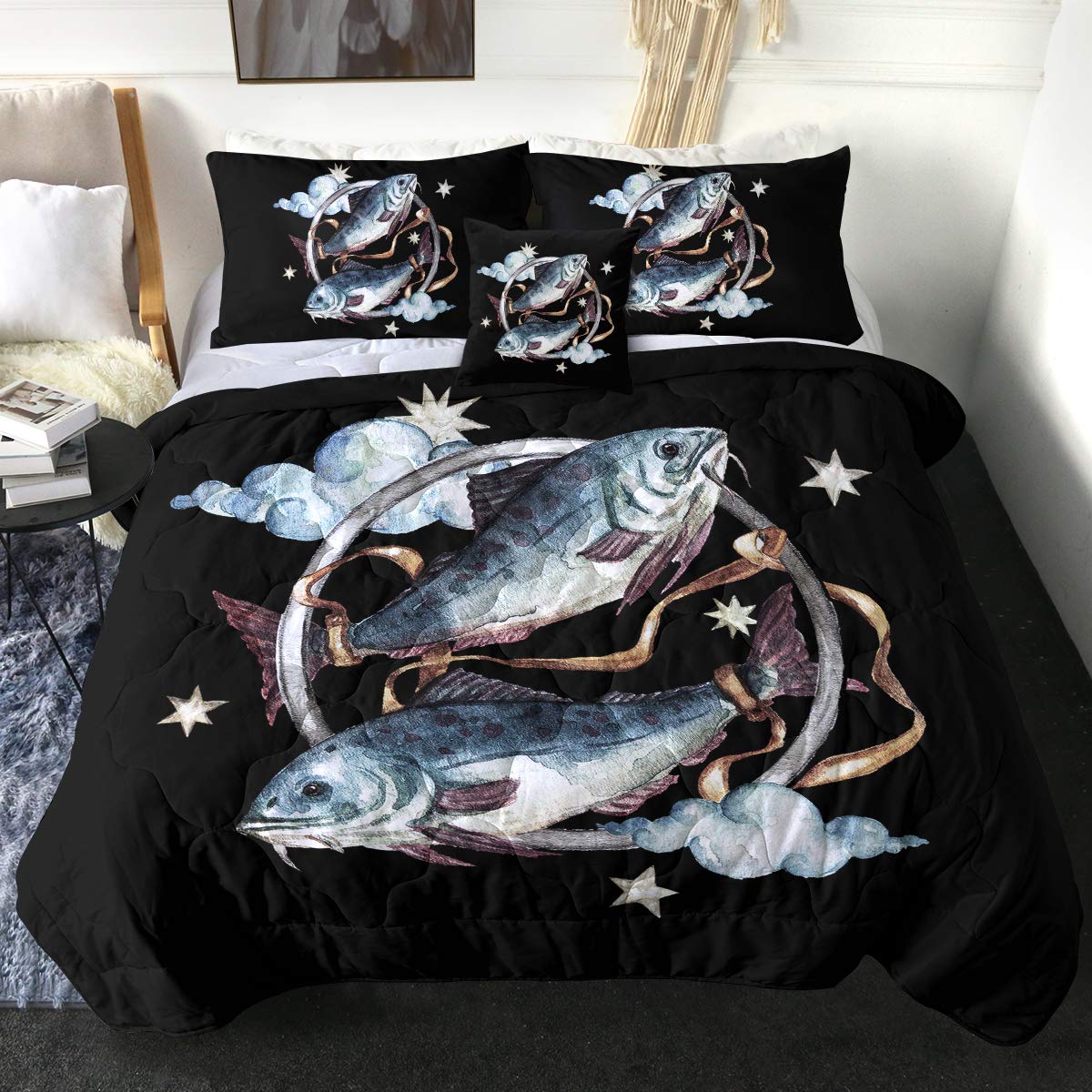 Pisces Zodiac Sign Comforter Set Twin Size - 4 Piece Printed Bedding with 2 Pillow Shams & Cushion Cover (Retro Vintage Fish on Black) - Perfect for Astrology Lovers' Bedroom Decor & Gift Ideas