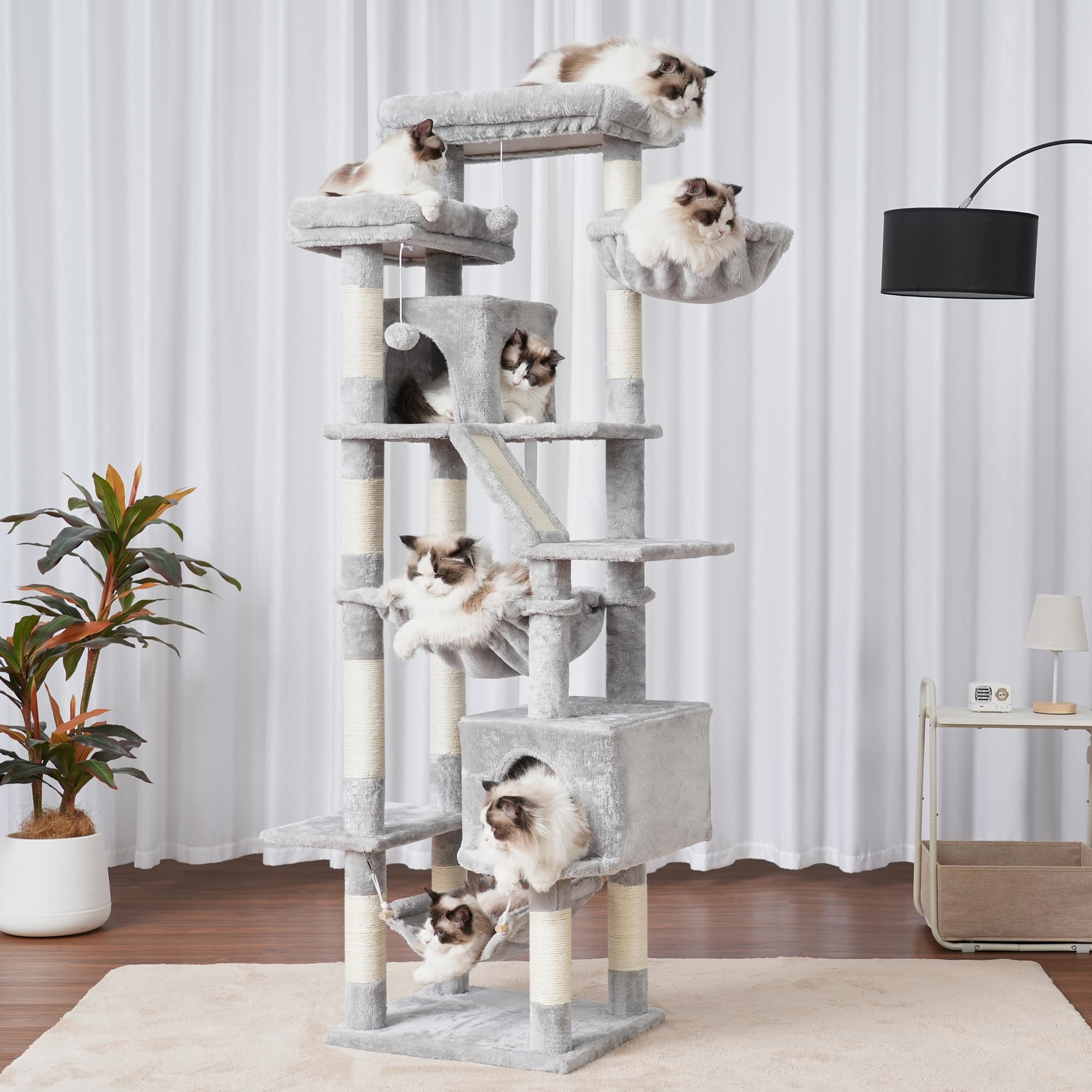 Heybly 71-Inch Tall Cat Tree with 2 Perches, 2 Condos & 2 Hammocks - Multi-Level Cat Tower with Scratching Pad & Basket - Large Indoor Cat Furniture for Play & Rest (Light Gray HCT034W) - Perfect for Small Spaces & Multi-Cat Homes