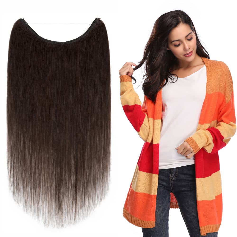 100% Human Hair Extensions - Invisible Wire In Hair Piece with Transparent Rubber Band & 2 Clips - Long Silky Straight Brown 22