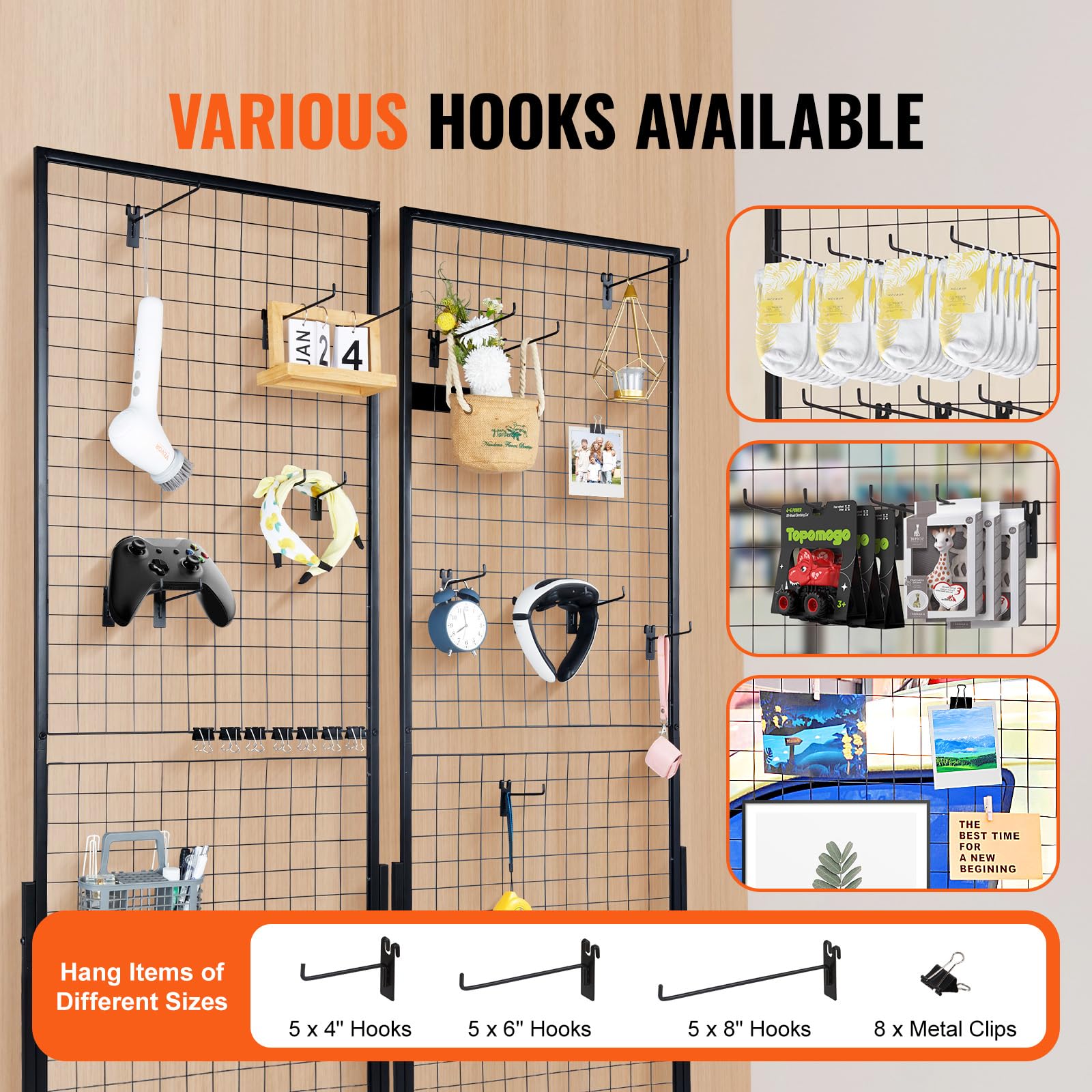 VEVOR 2' x 5.6' Grid Wall Display Panels - 2 Pack Wire Grid Panels with T-Base Floor Stand for Retail Stores, Craft Shows & Trade Exhibits - Double Sided Gridwall Display System with Bonus Hooks & Clips - Perfect for Boutique Merchandising, Art Displays and Trade Show Booths