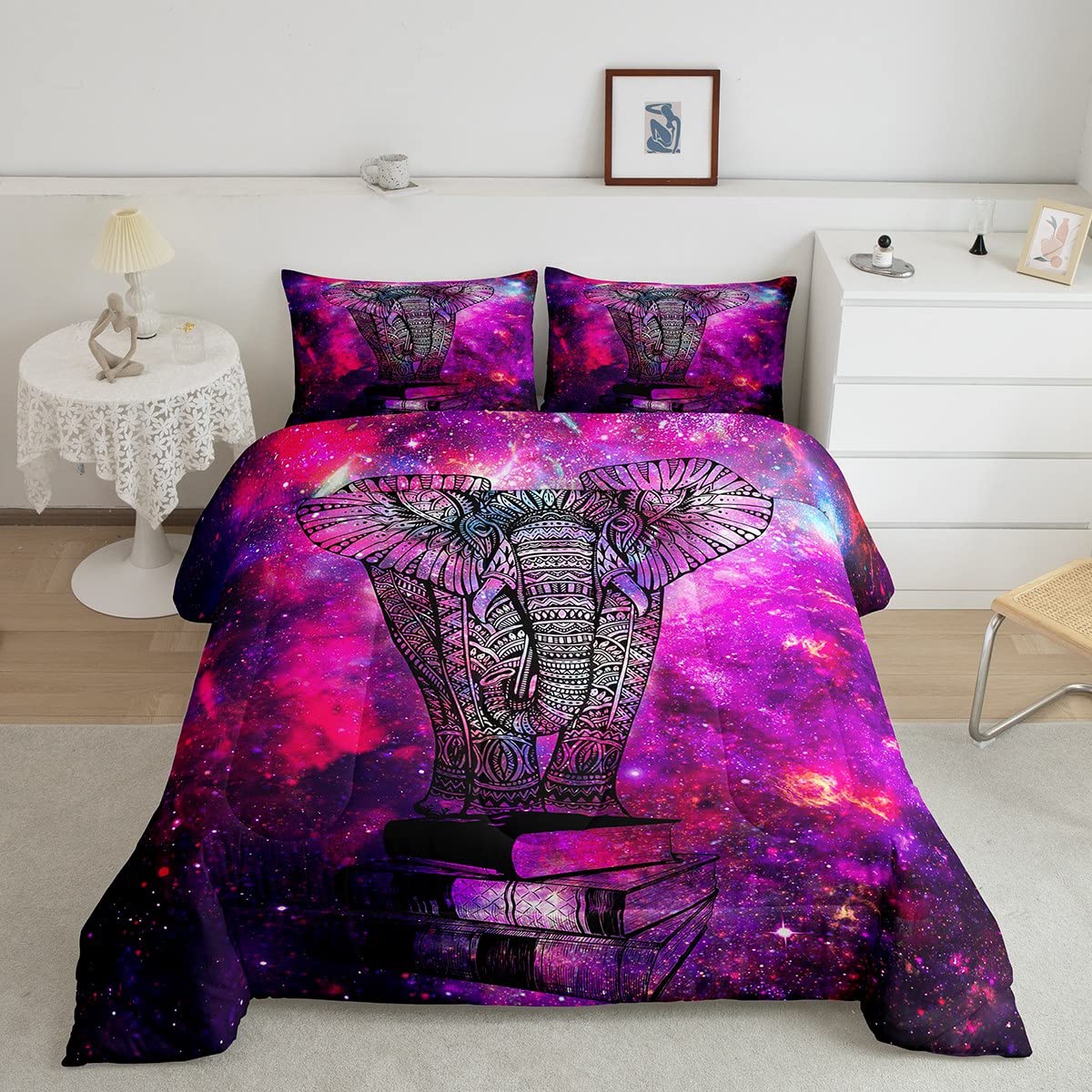 Boho Mandala Elephant Comforter Set for Teens - Twin Size 2-Piece Bohemian Duvet Set with 1 Comforter & 1 Pillowcase - Starry Sky Bedding for Kids Room Decor - Perfect for Boho Chic Bedrooms & Dorm Room Essentials