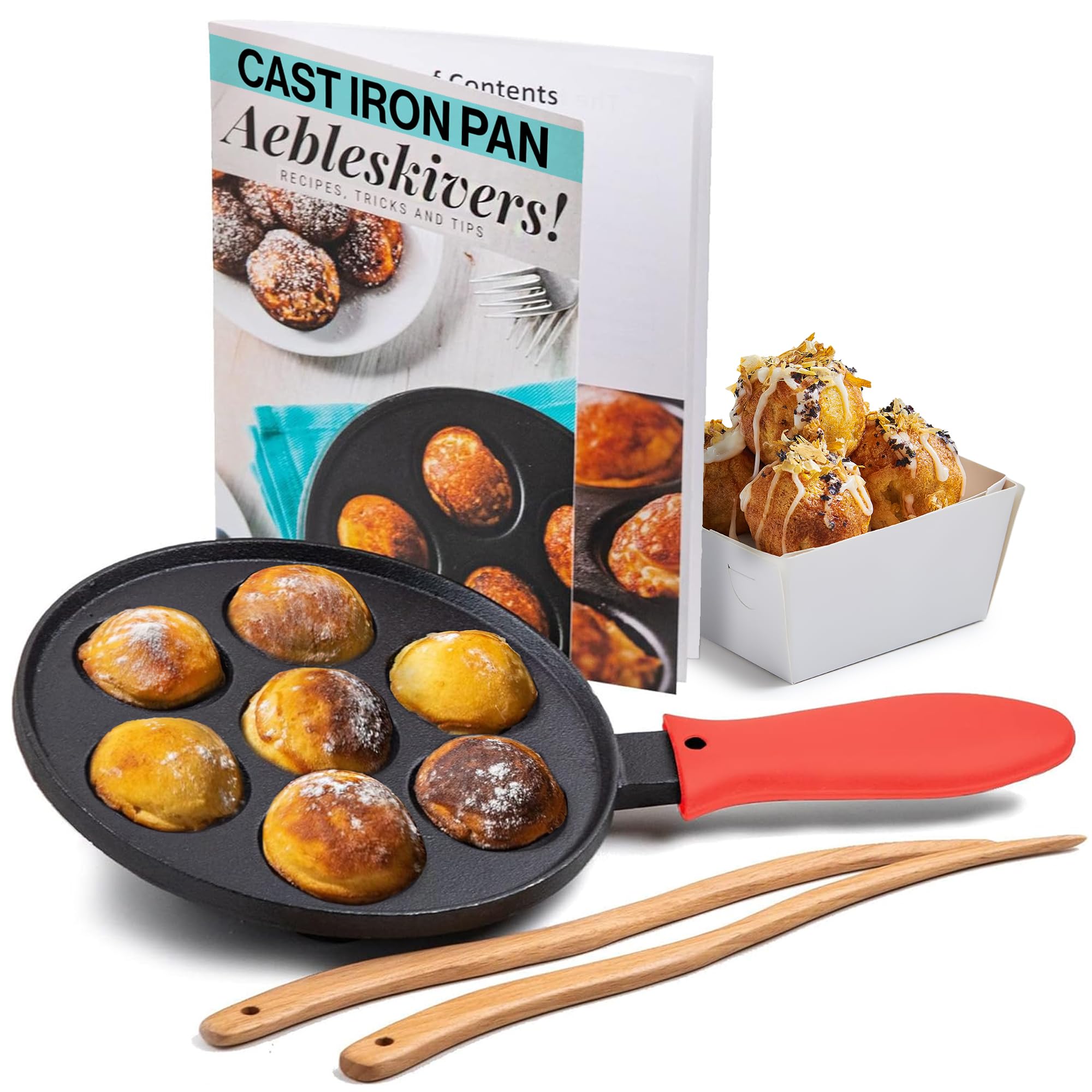 **Upstreet Cast Iron Aebleskiver Pan - Danish Ebelskiver Pan for Mini Pancakes, Cake Pops & Takoyaki - Non-Stick & Durable (Red) - Perfect for Breakfast, Desserts & Party Snacks**