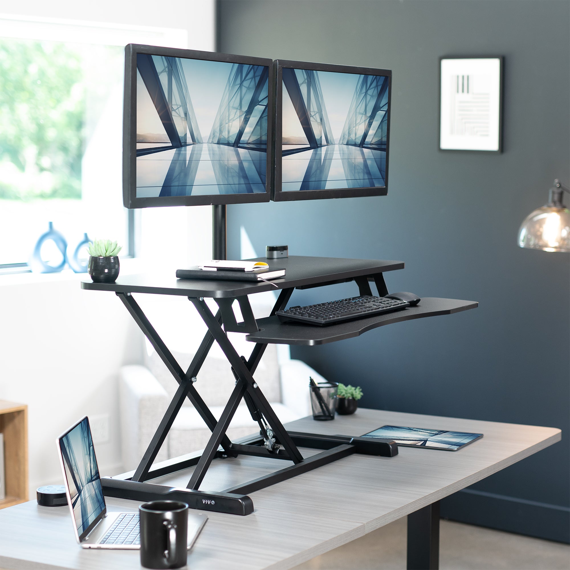 Adjustable Black Desk Riser with Pneumatic Dual Monitor Stand - Ergonomic Workspace Organizer for Home Office & Gaming Setup